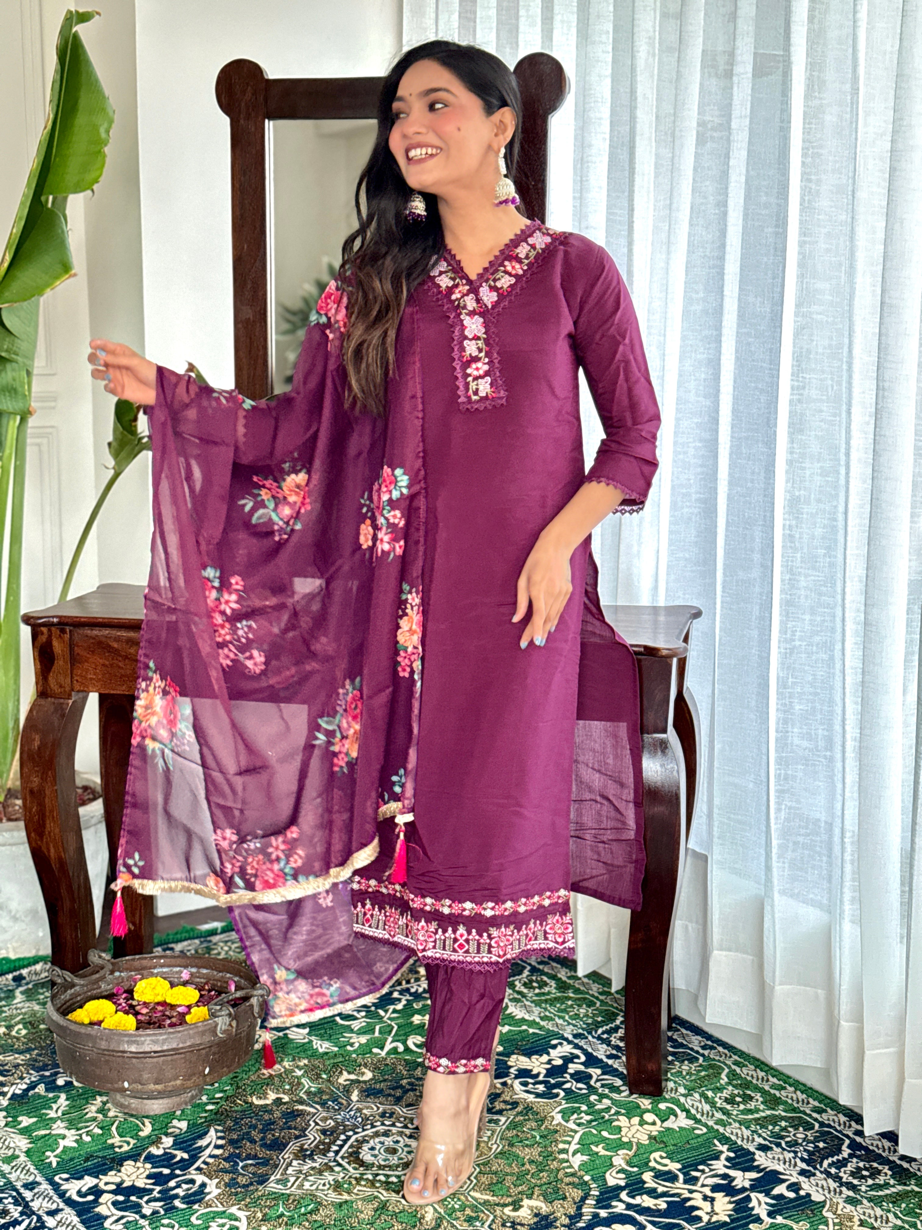 Wine Viscose Chanderi Cotton Women Embroidery Straight Kurta Set