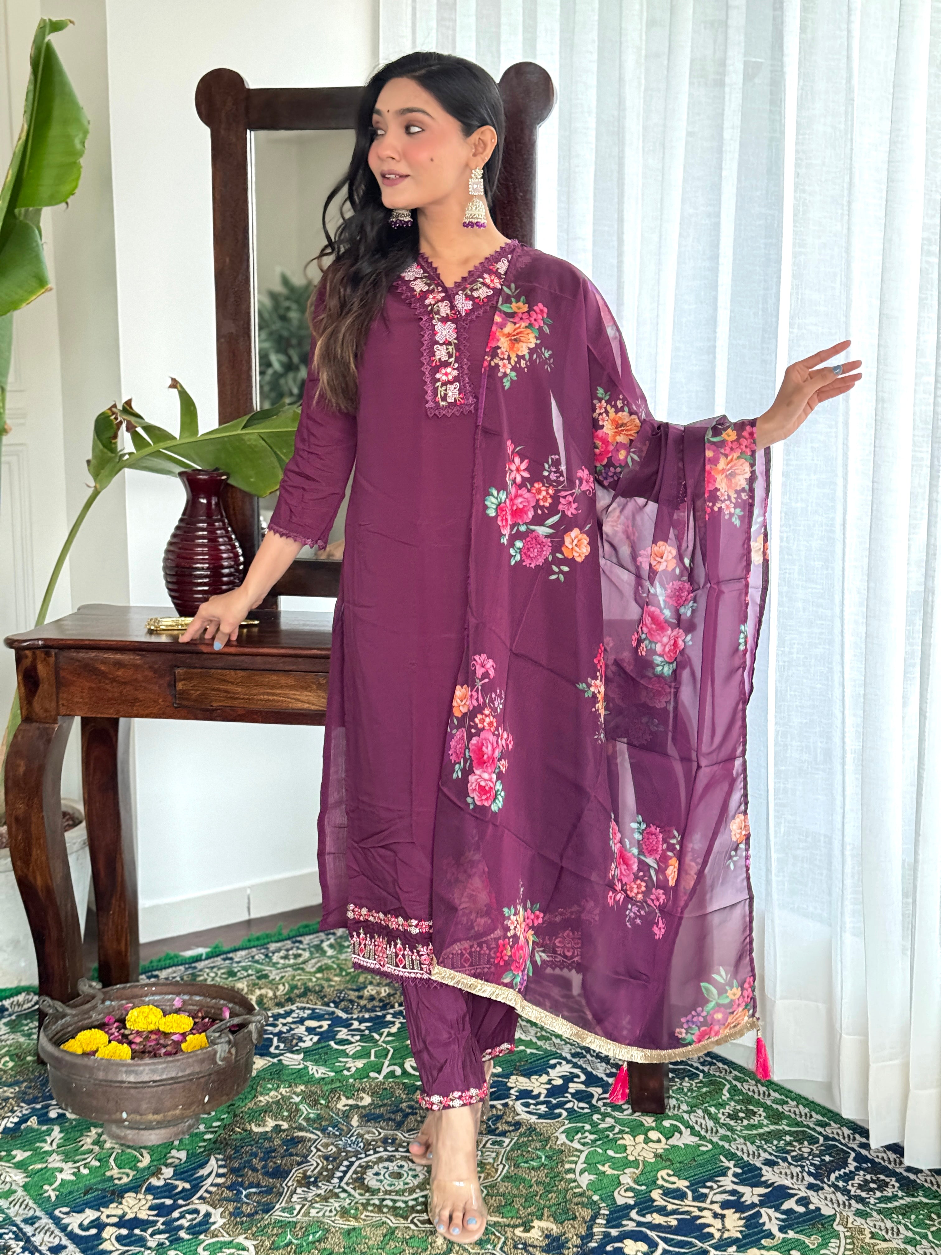 Wine Viscose Chanderi Cotton Women Embroidery Straight Kurta Set