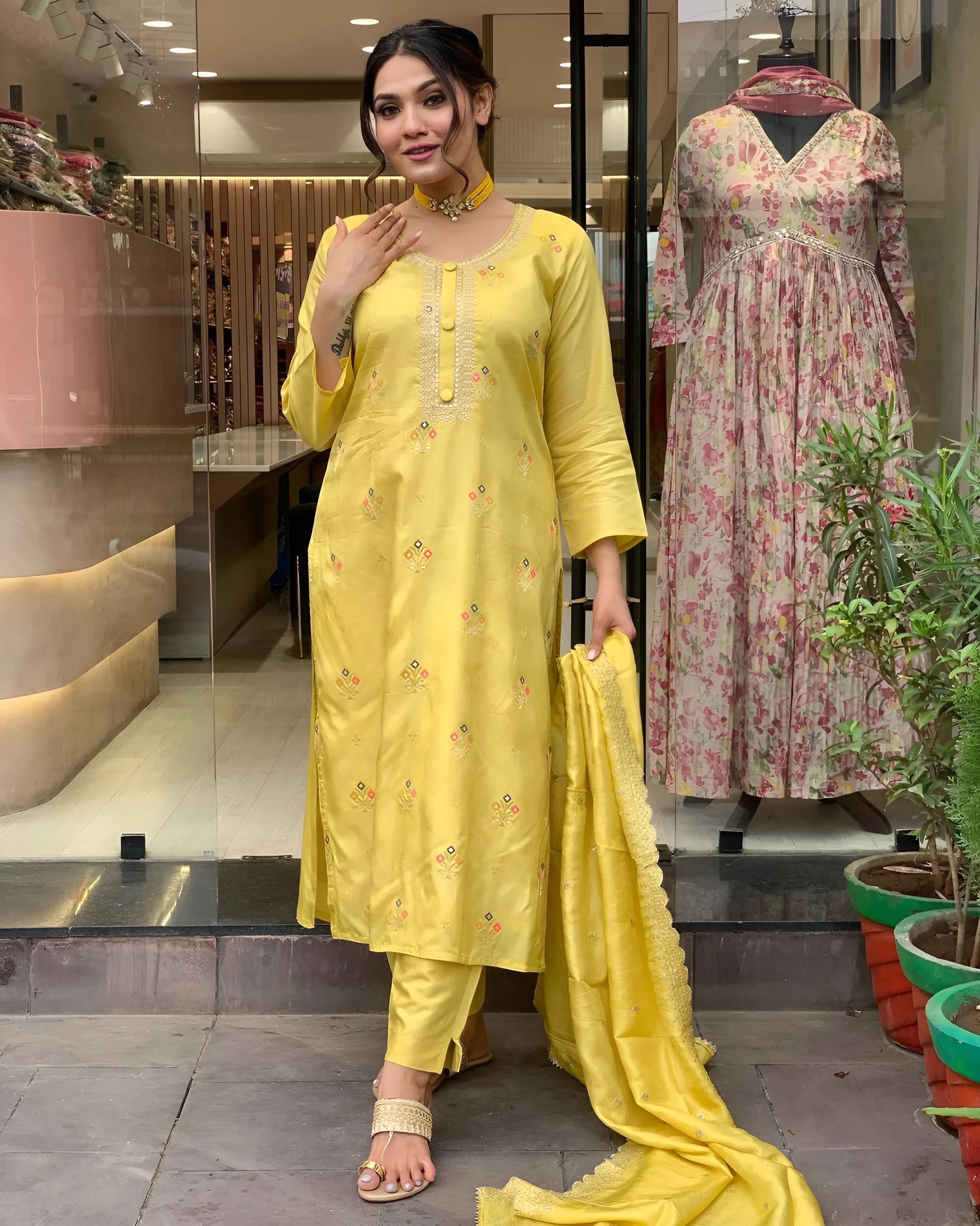 Women Embrodairy JAcquard Stright Kurta Set