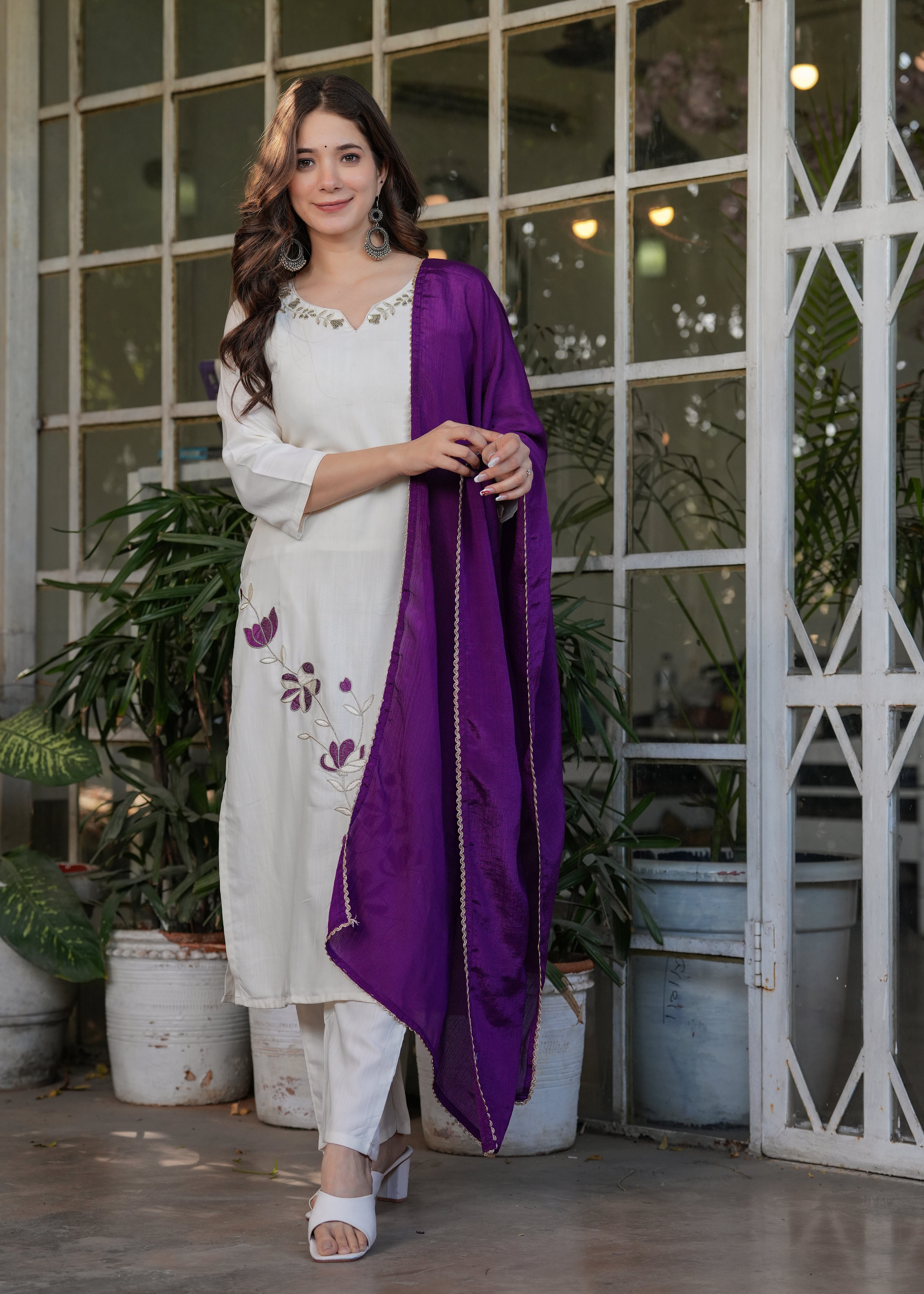 Elegant White-Purple Printed Kurti
