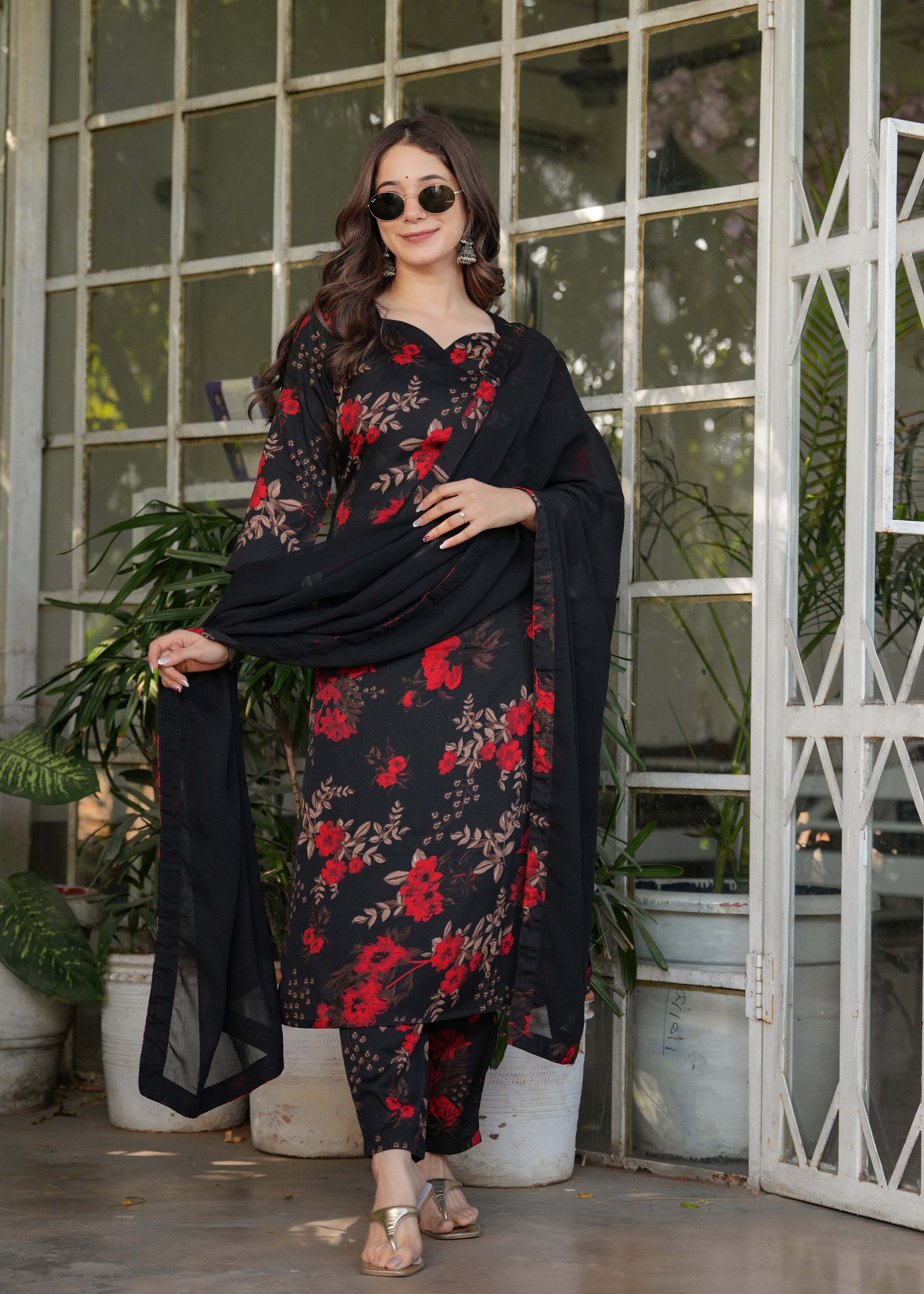Elegant Black with Red Floral Design Kurti