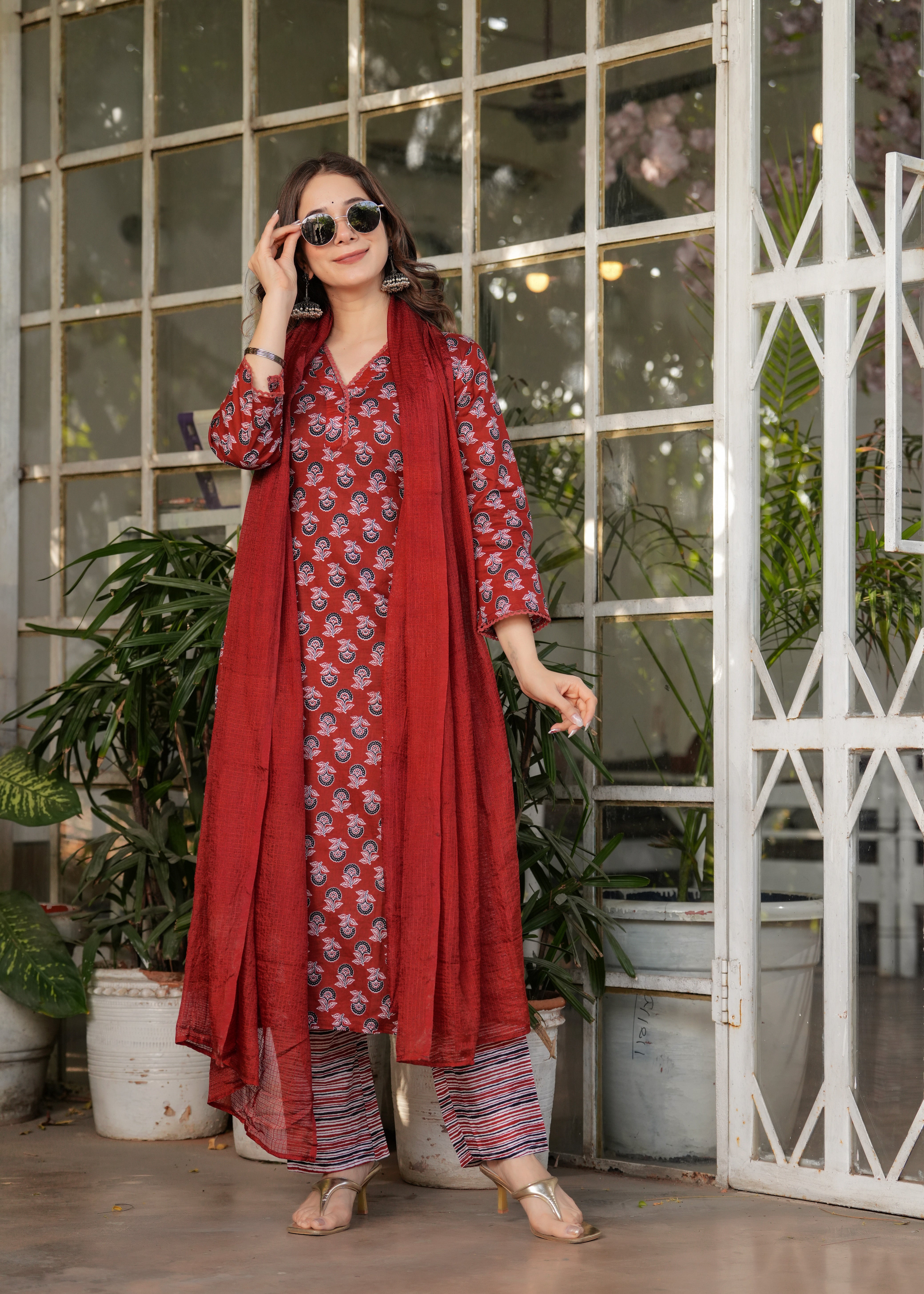 Elegant Rust Red V-neck Pure Cotton Kurti