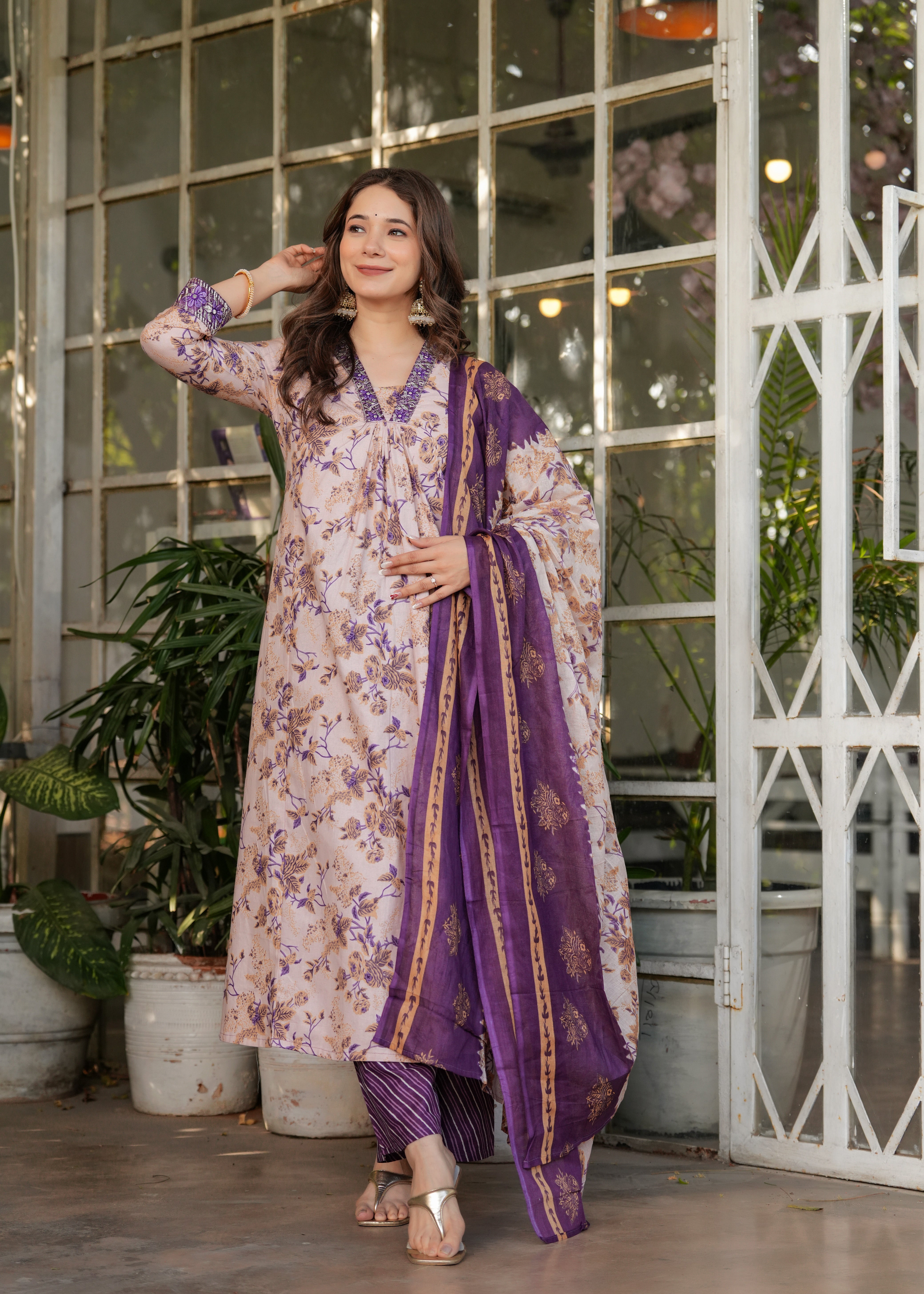 Elegant Pure Cotton Lavender Beige with Purple Floral Design Kurti