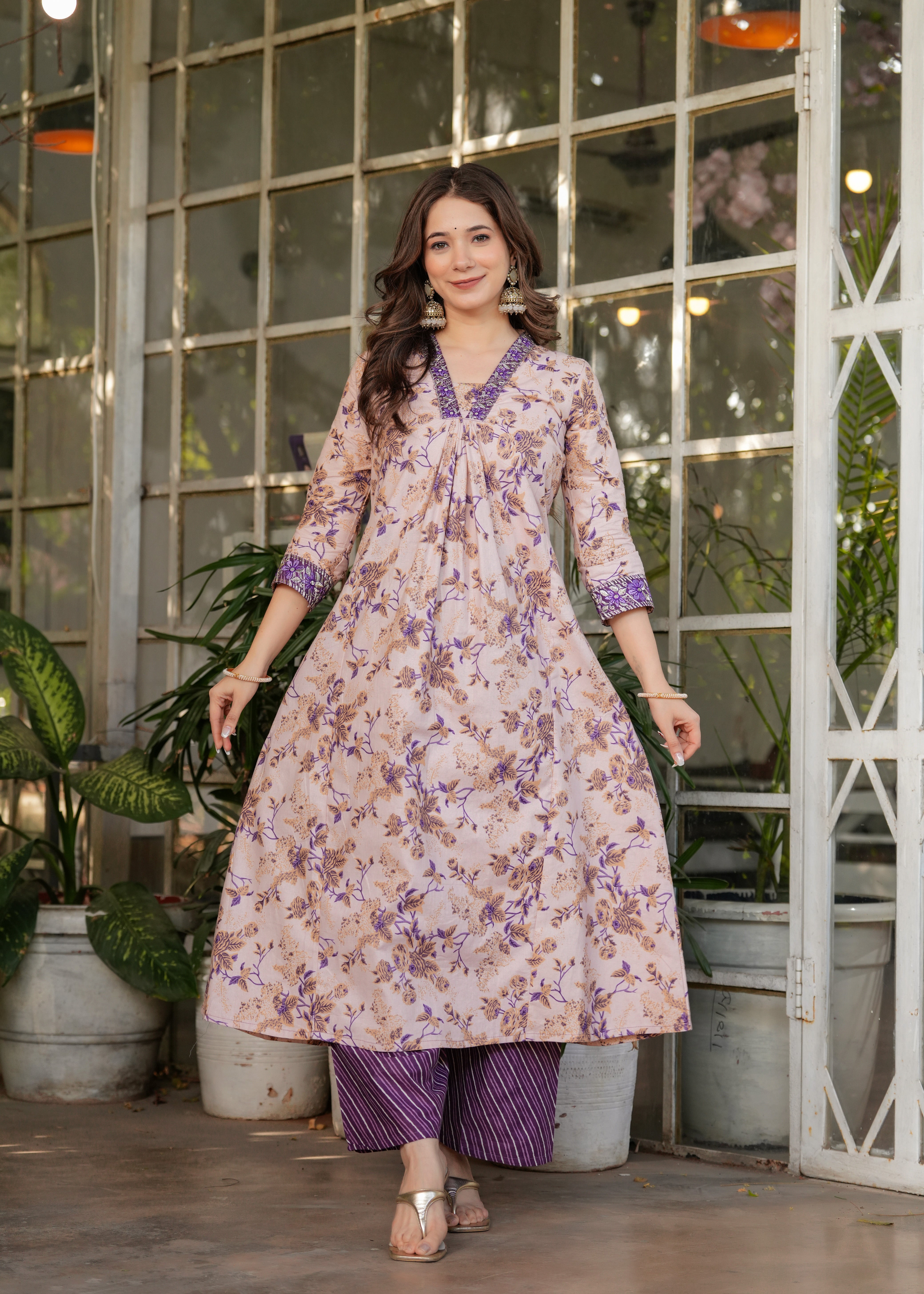 Elegant Pure Cotton Lavender Beige with Purple Floral Design Kurti