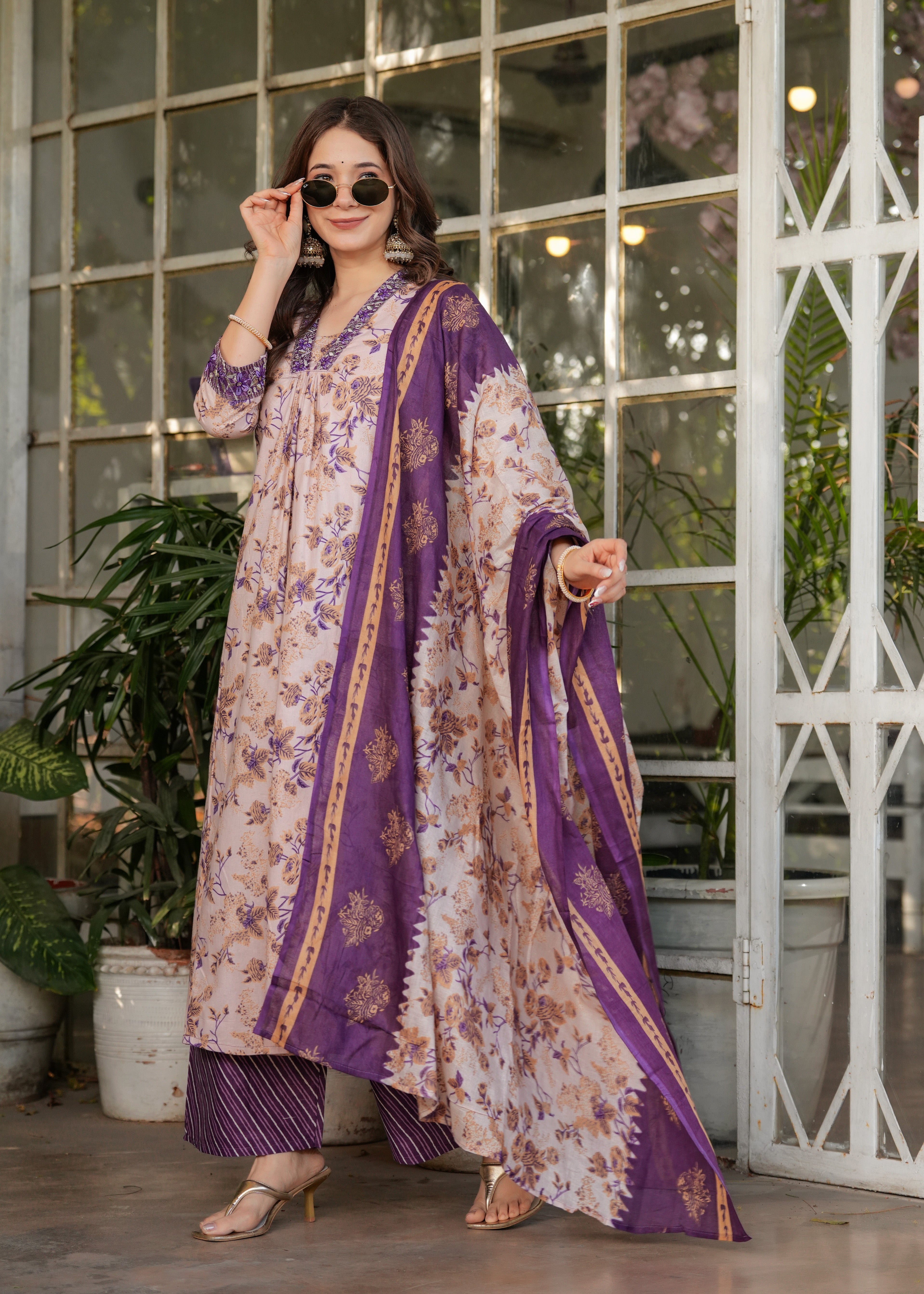 Elegant Pure Cotton Lavender Beige with Purple Floral Design Kurti