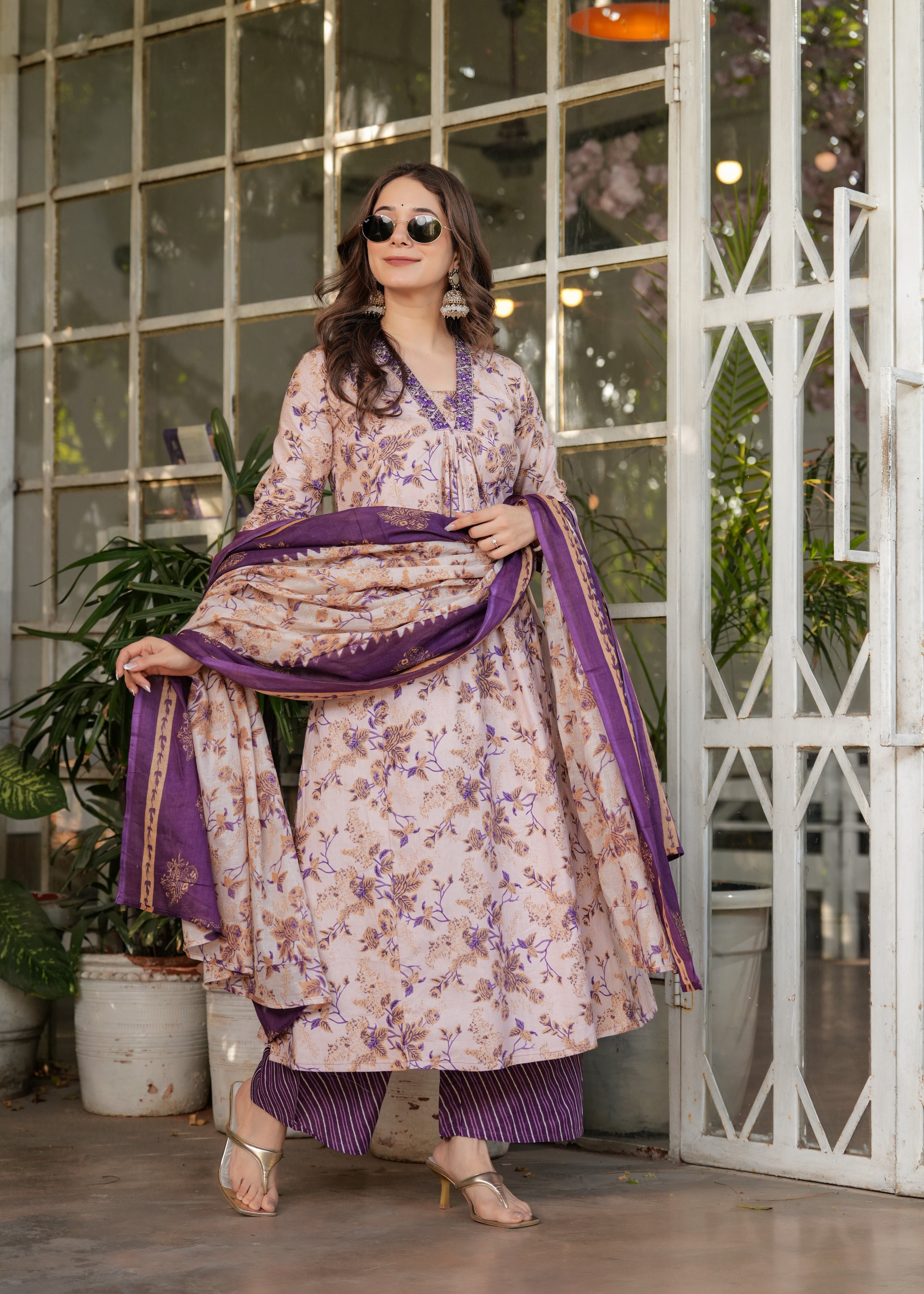 Elegant Pure Cotton Lavender Beige with Purple Floral Design Kurti