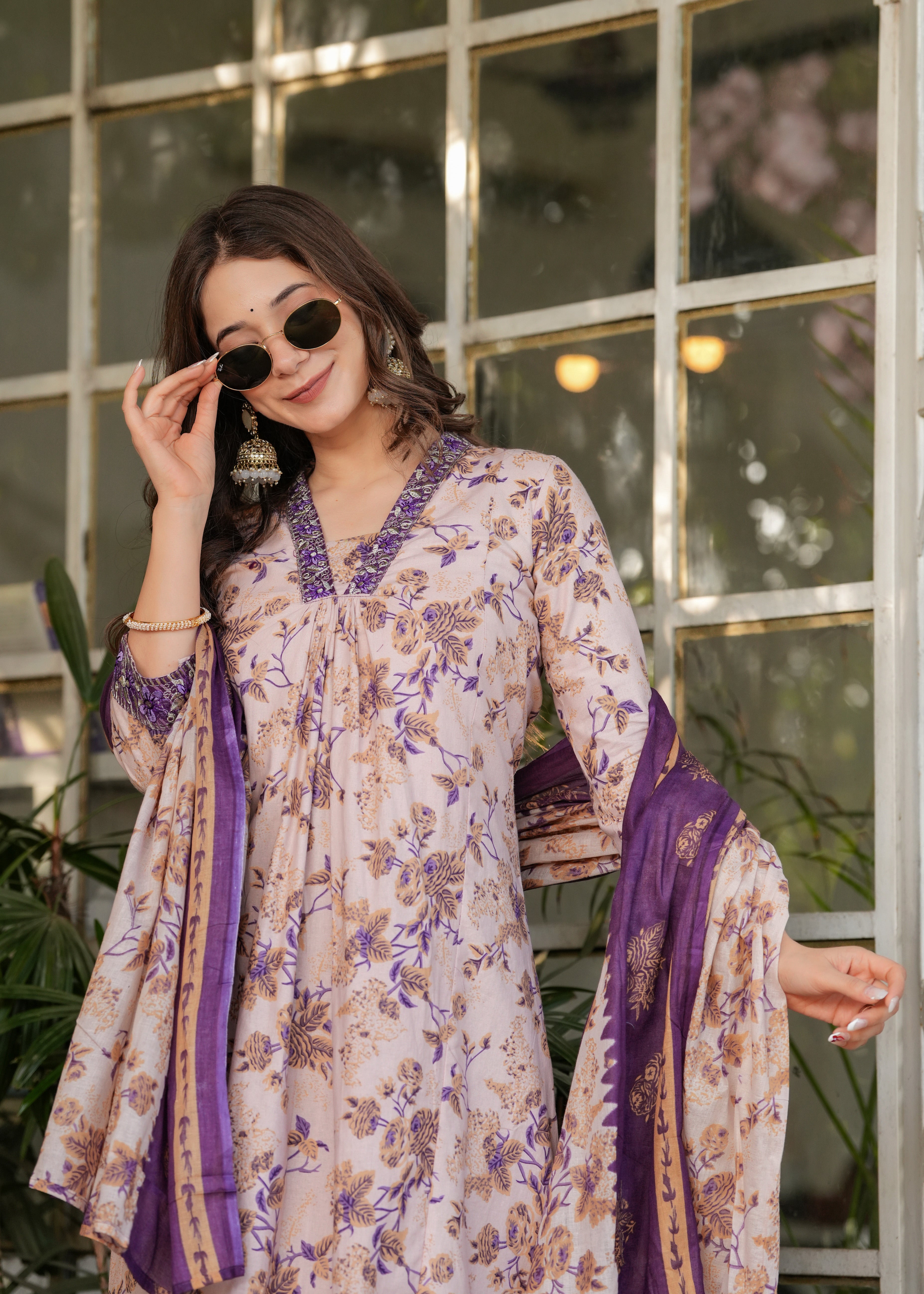 Elegant Pure Cotton Lavender Beige with Purple Floral Design Kurti
