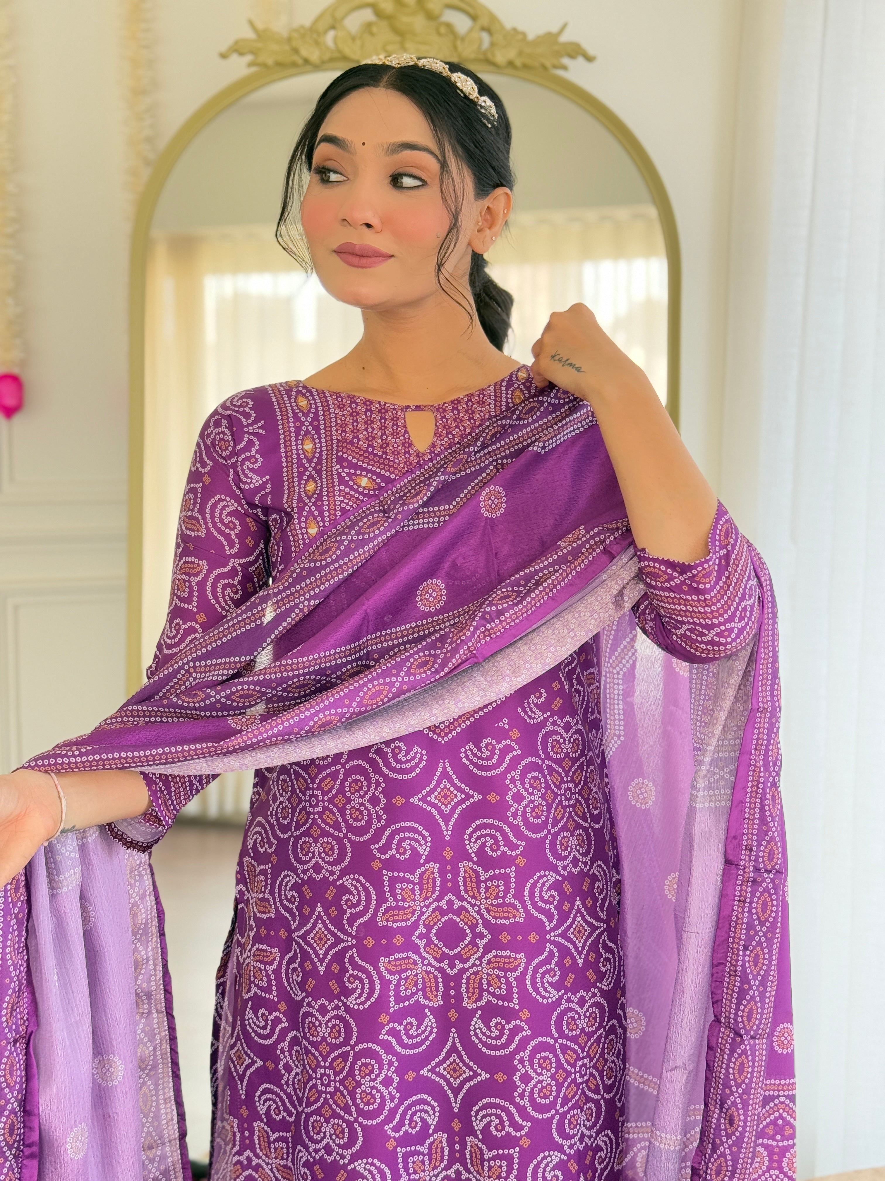 Purple Printed French Crepe Kurti