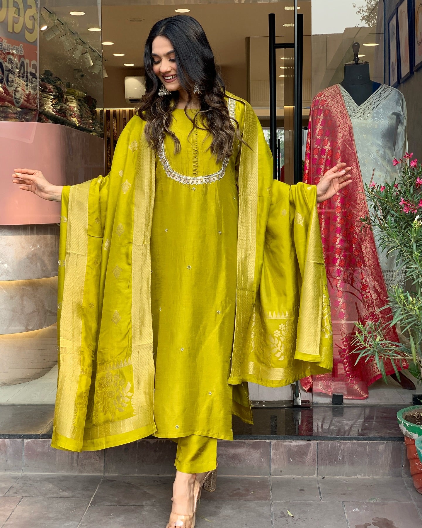 Elegant Premium Roman Silk Yellow Kurta set