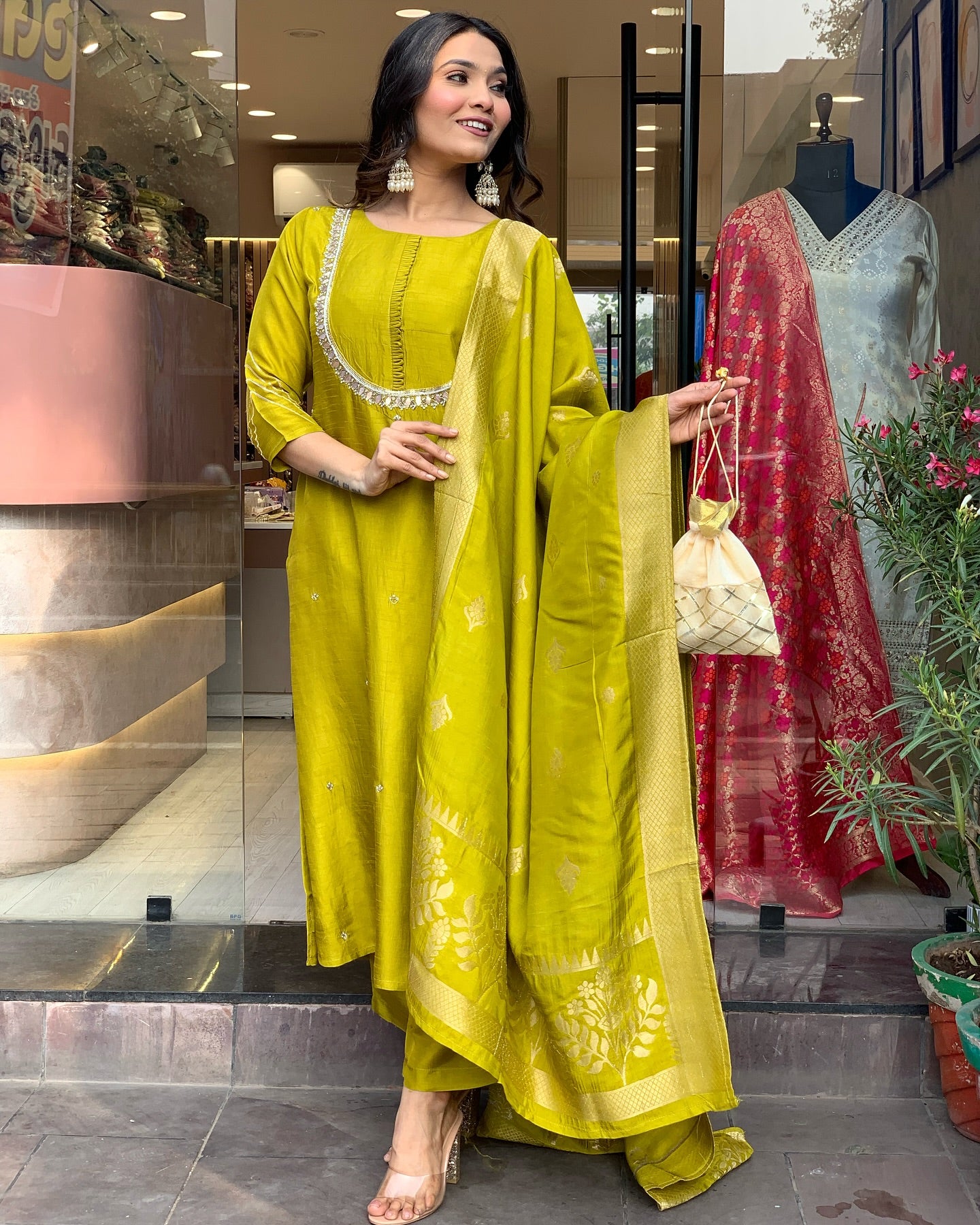 Elegant Premium Roman Silk Yellow Kurta set
