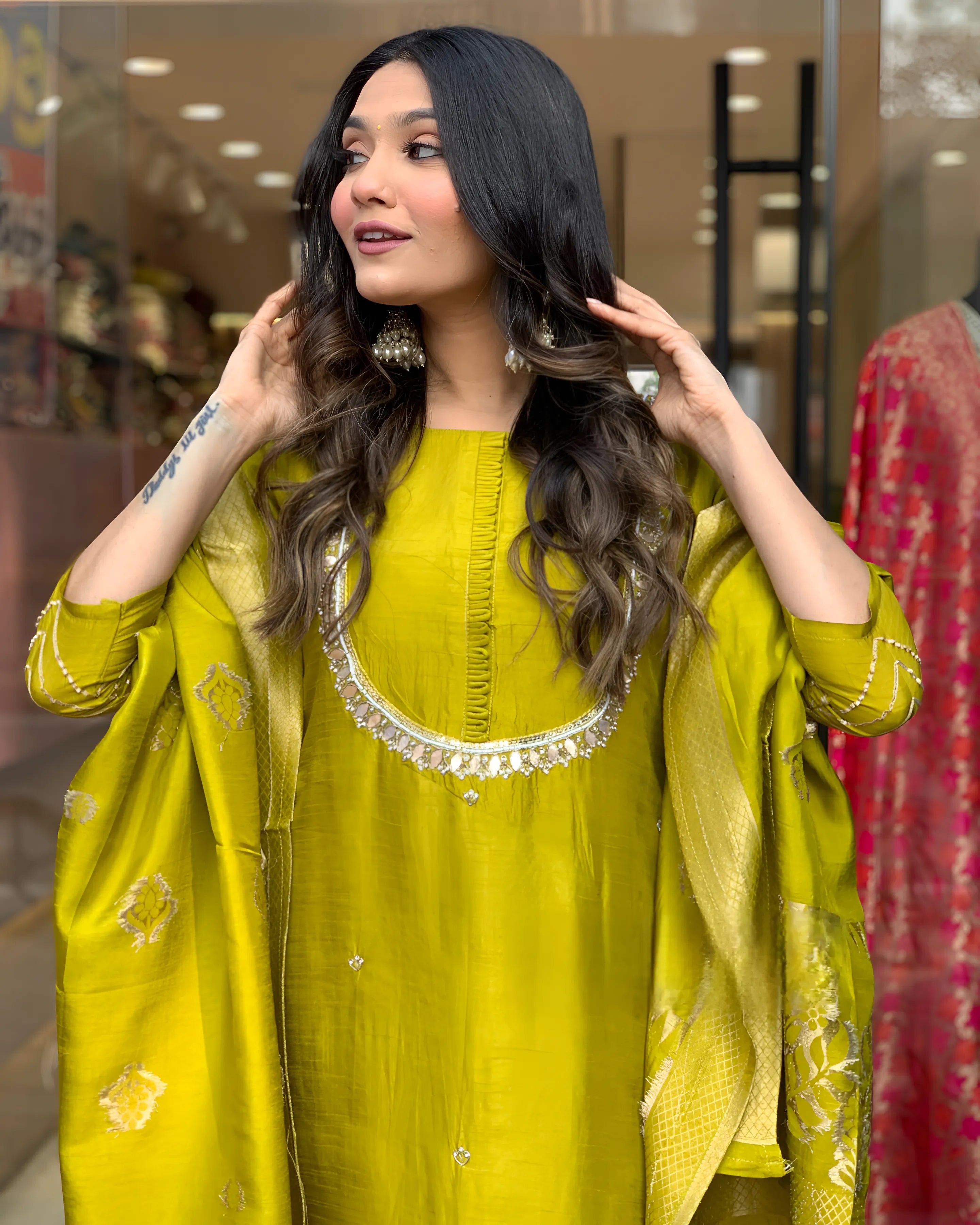 Elegant Premium Roman Silk Yellow Kurta set