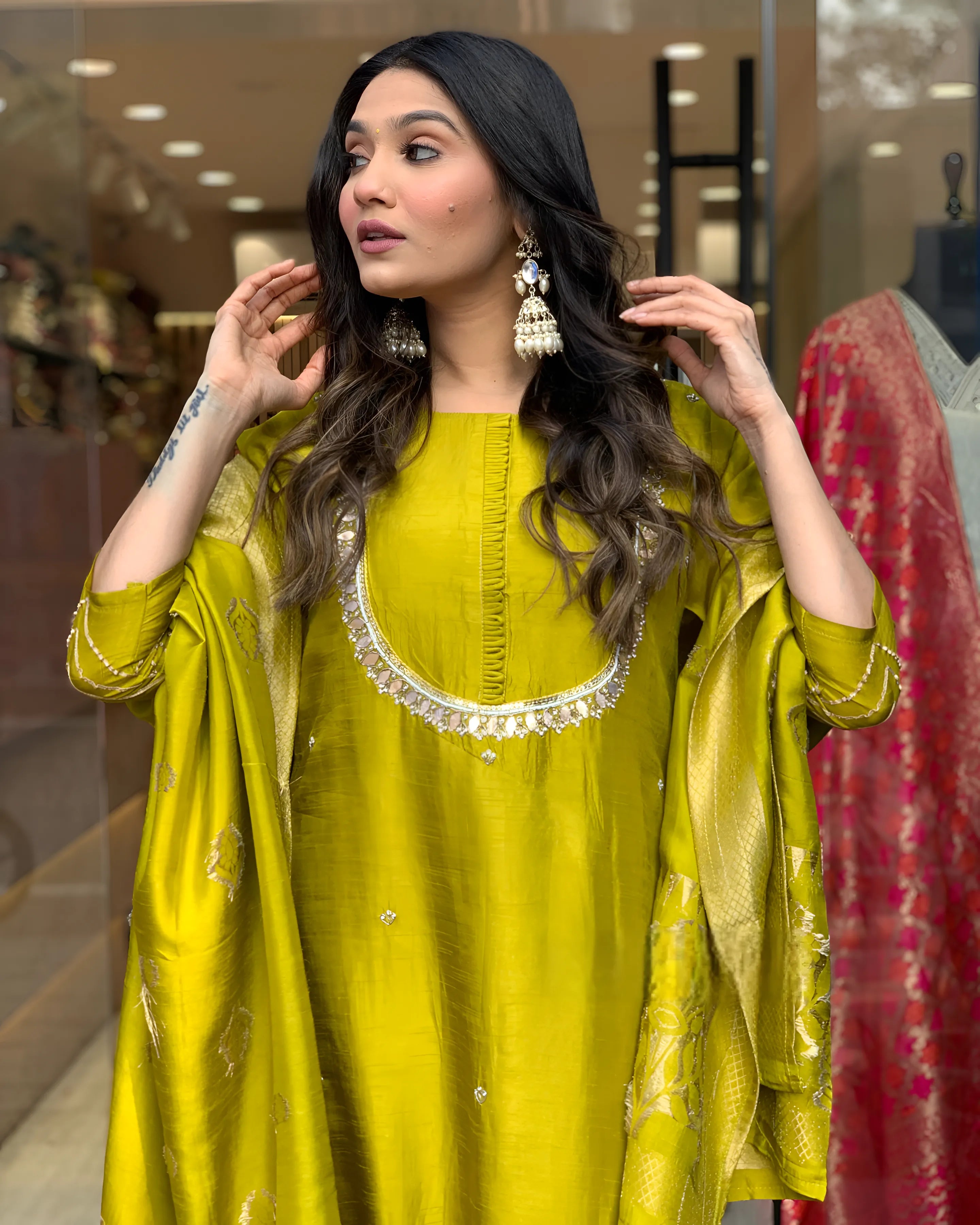 Elegant Premium Roman Silk Yellow Kurta set