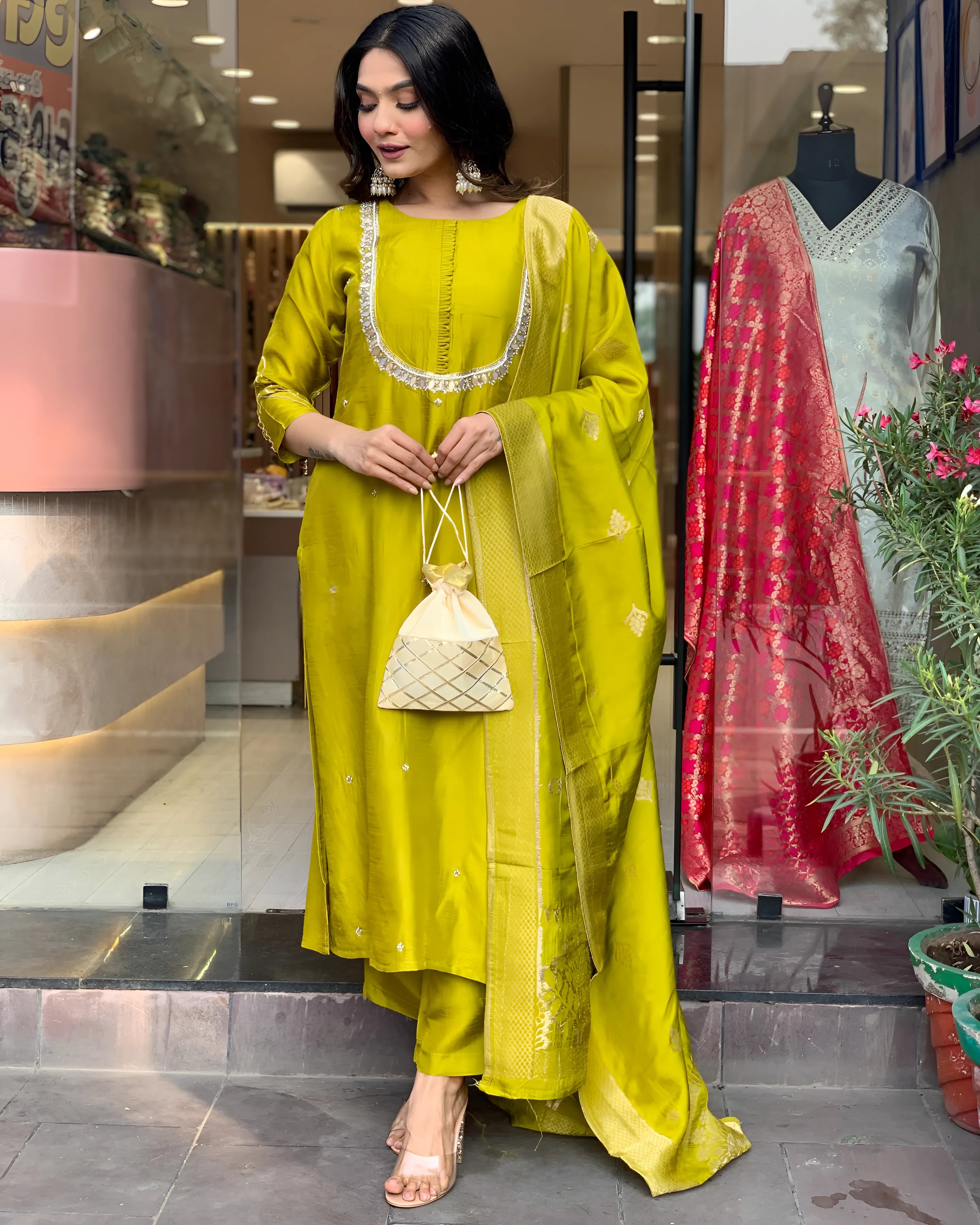 Elegant Premium Roman Silk Yellow Kurta set
