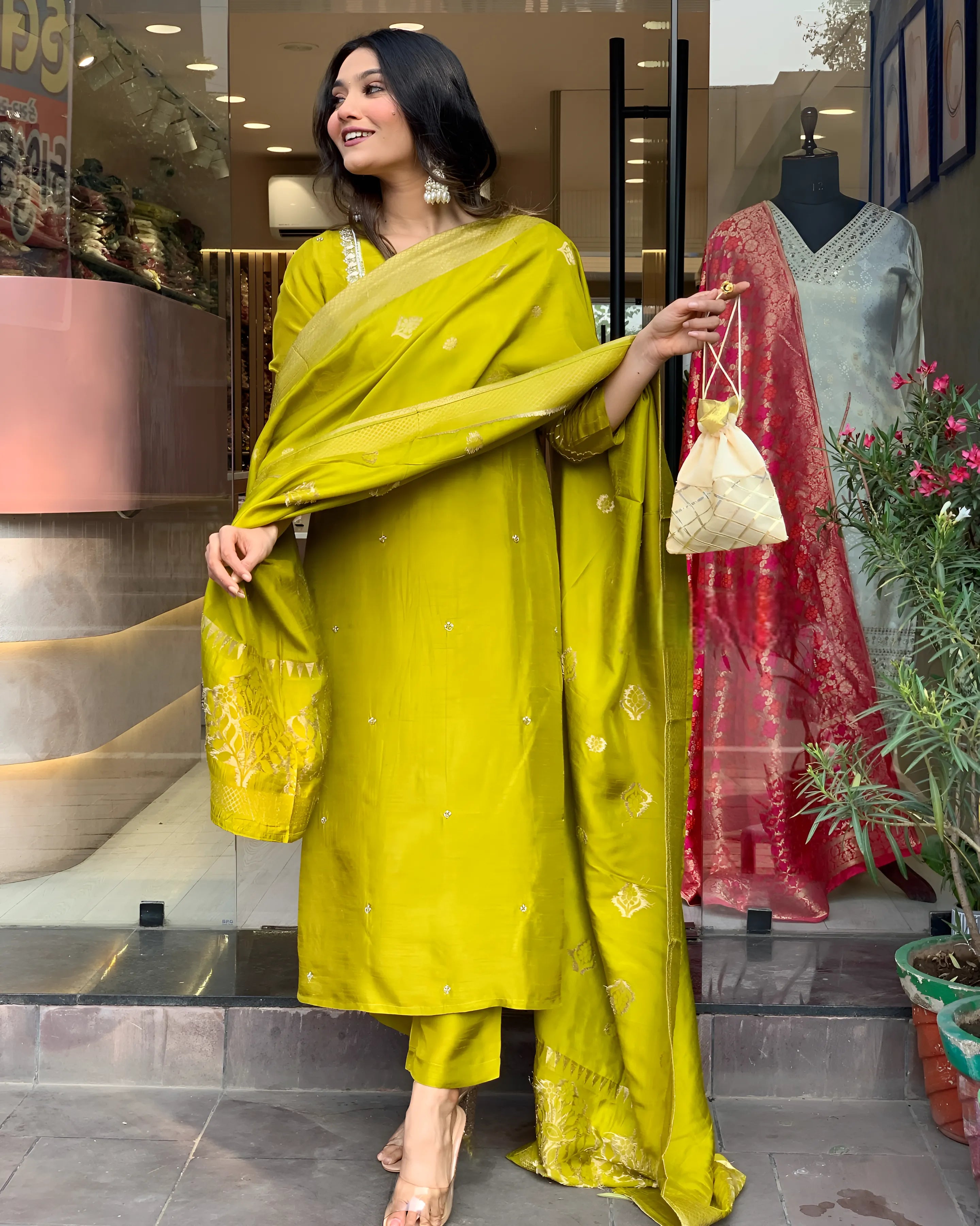 Elegant Premium Roman Silk Yellow Kurta set