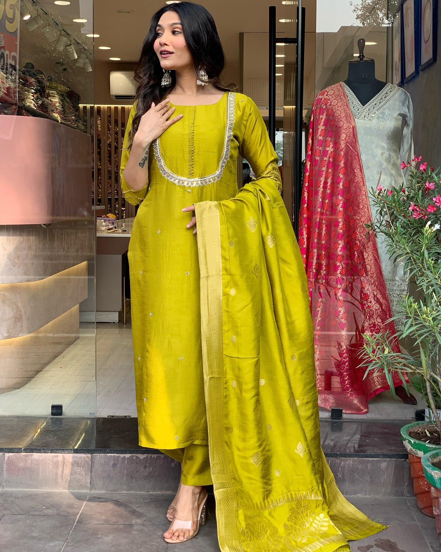 Elegant Premium Roman Silk Yellow Kurta set