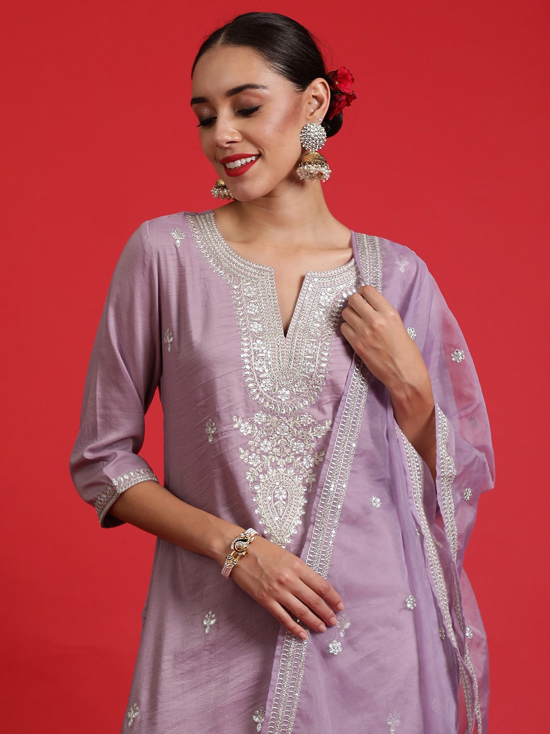 Women Embroidered VISCOSE CHANDERI kurta set