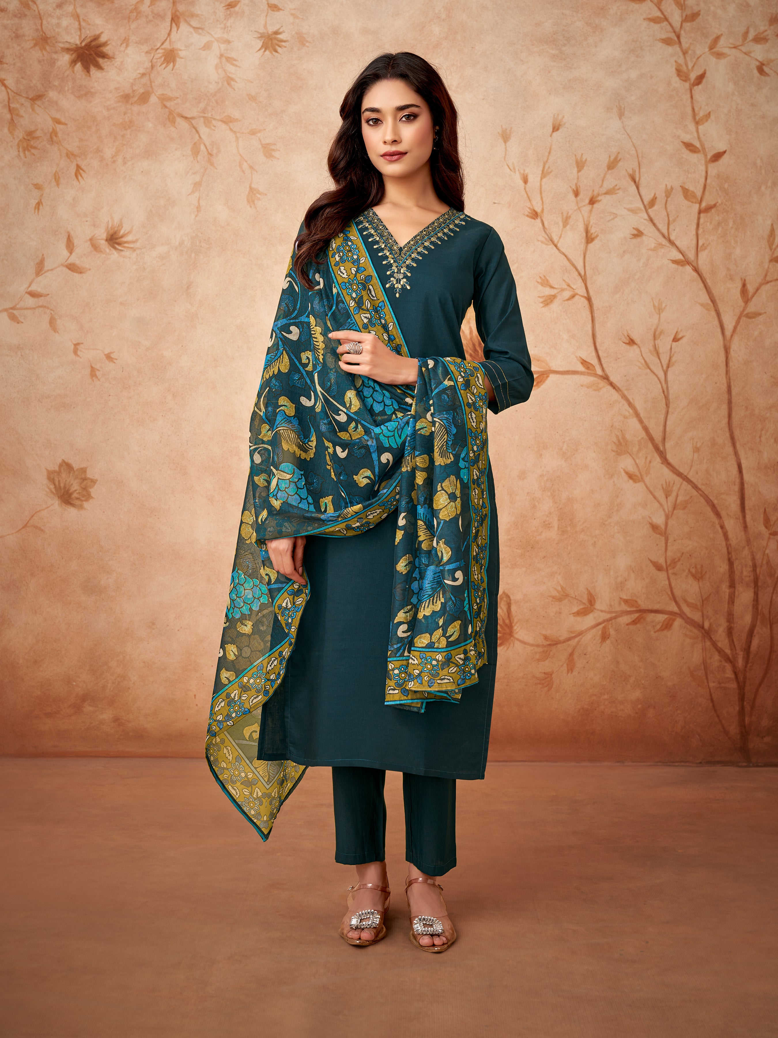 Women"s Green Embroidery Straight Kurta Pant With Dupatta