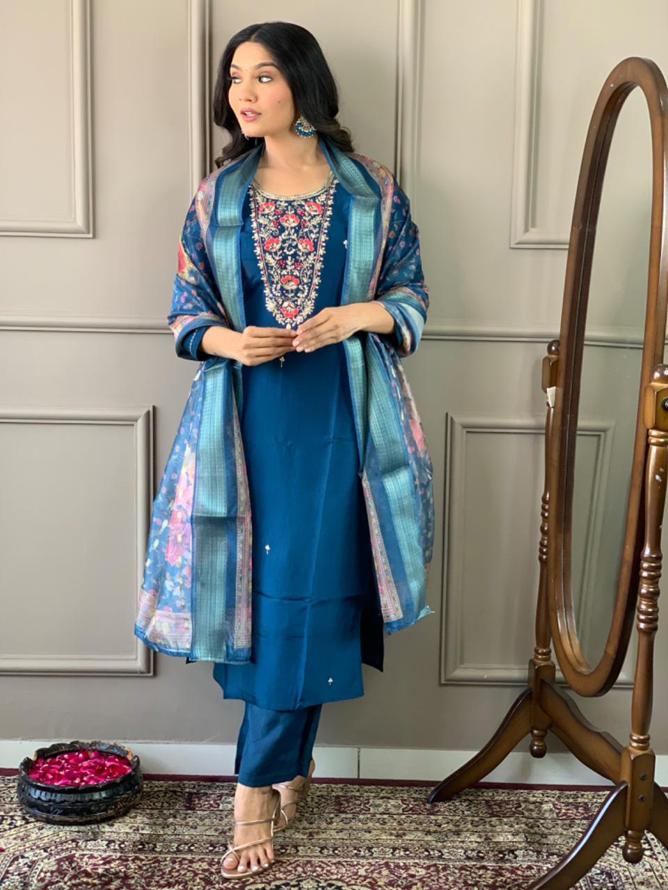 Women Embroidered Chanderi  SILK  kurta set
