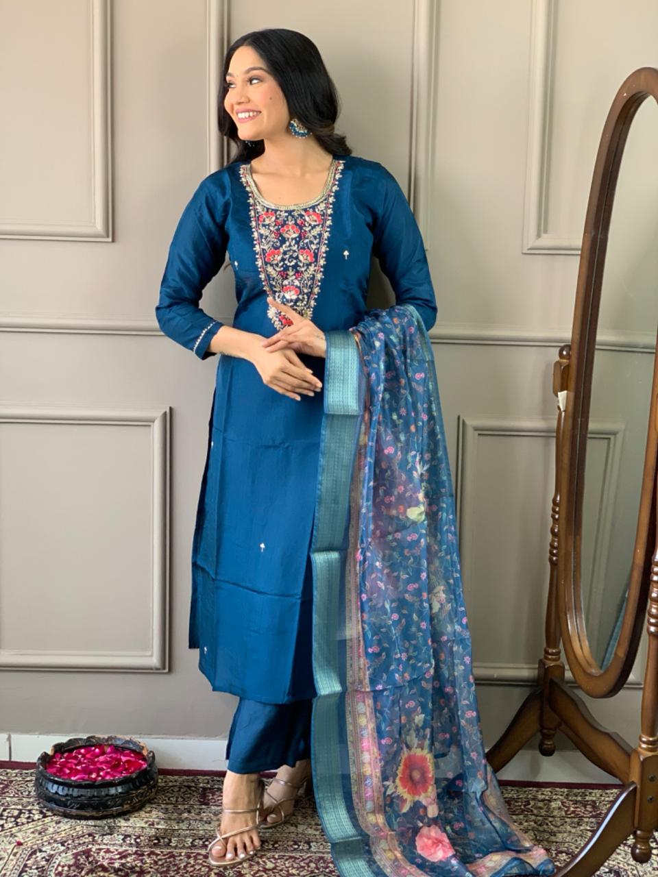 Women Embroidered Chanderi  SILK  kurta set