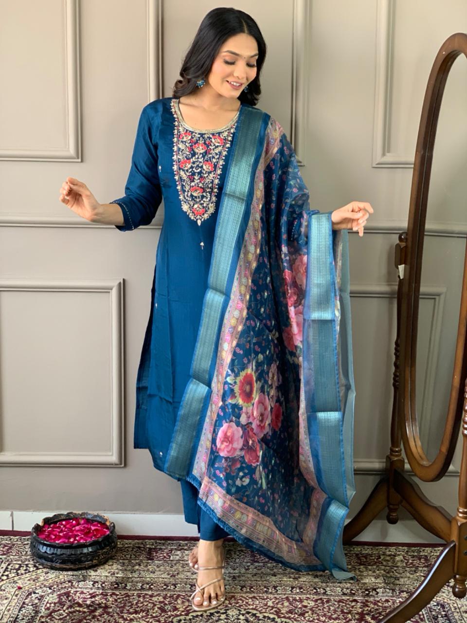 Women Embroidered Chanderi  SILK  kurta set