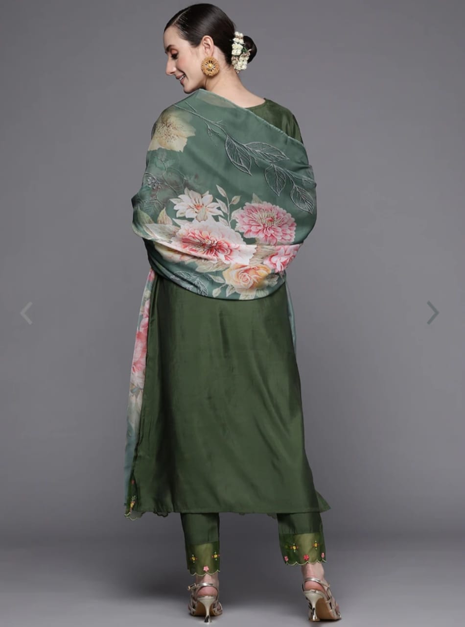 Women Embroidered Straight Kurta & Pants with Dupatta Set