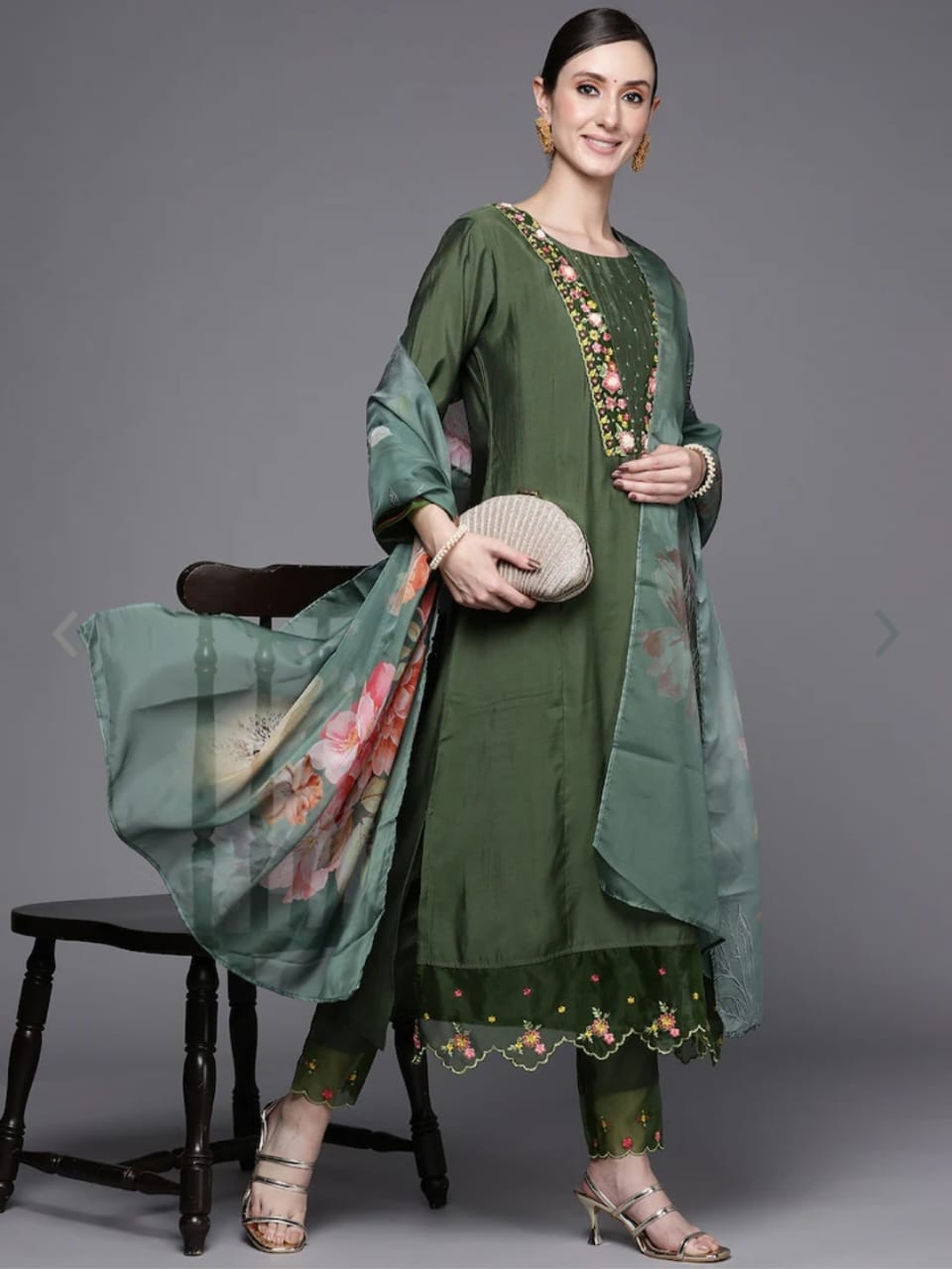 Women Embroidered Straight Kurta & Pants with Dupatta Set