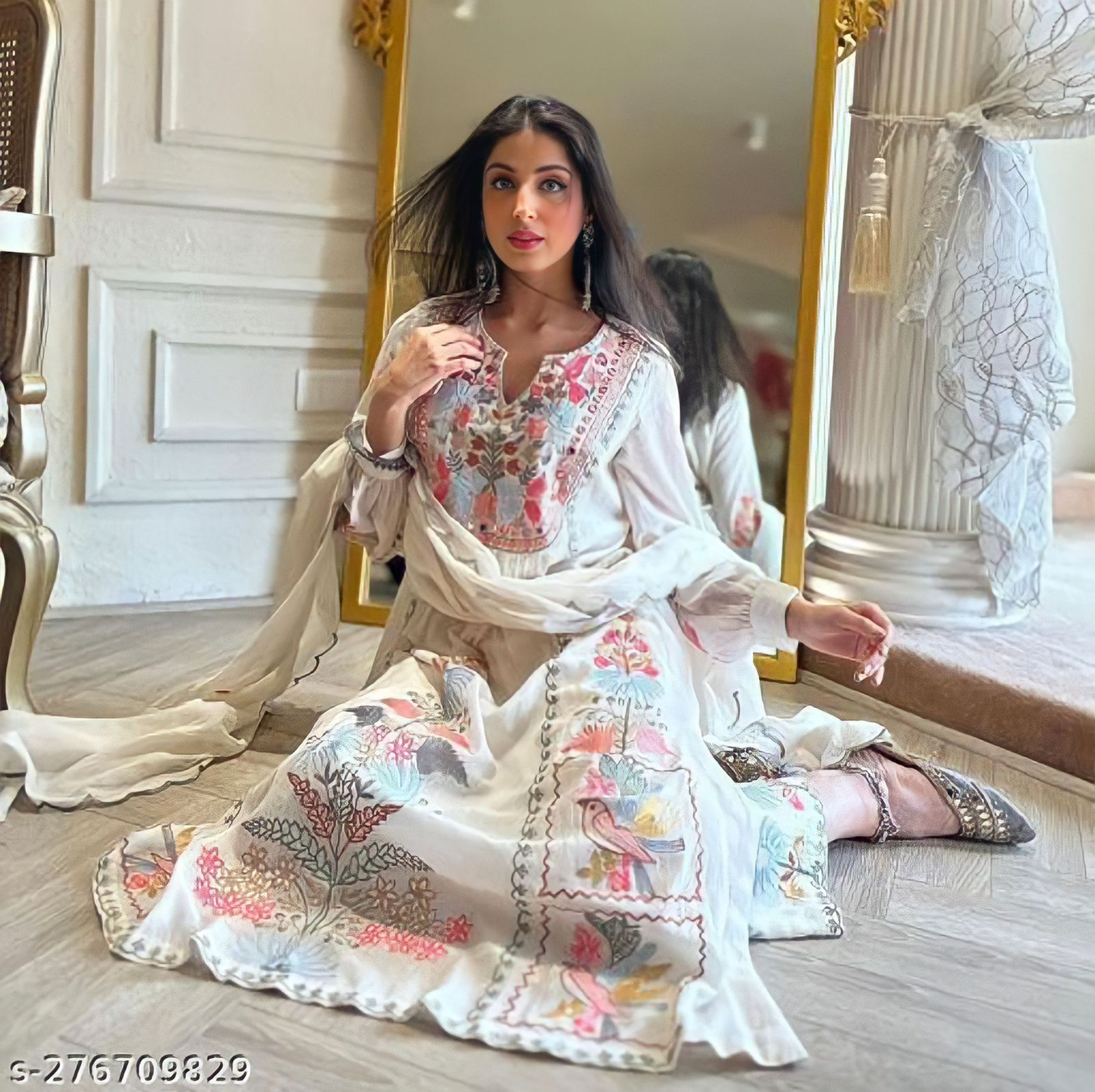 Women's GEORGETTE EMBRODERYStraight Kurta With Plazzo and Dupatta Set