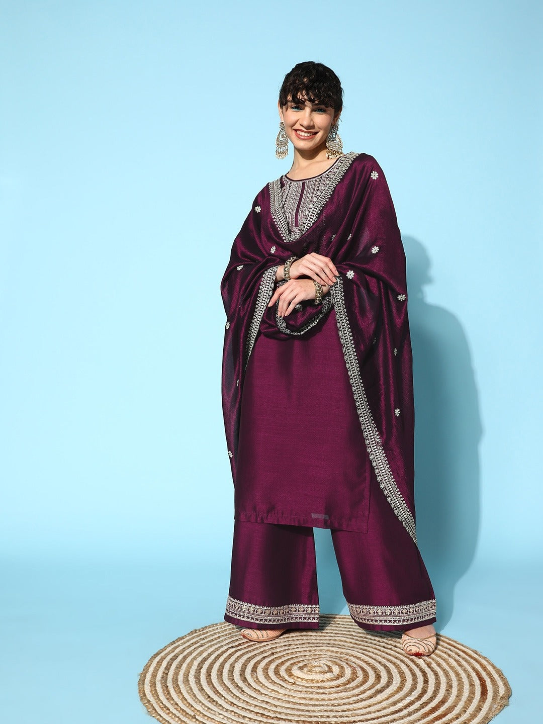 Women's Printed and Embroidered Pure Cotton Anarkali Kurta Pant Set with Dupatta