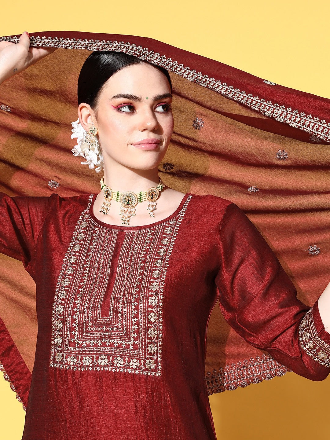 Women's Printed and Embroidered Pure Cotton Anarkali Kurta Pant Set with Dupatta