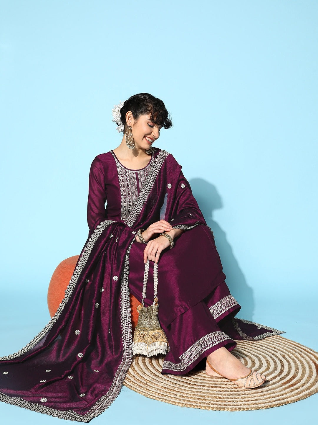 Women's Printed and Embroidered Pure Cotton Anarkali Kurta Pant Set with Dupatta