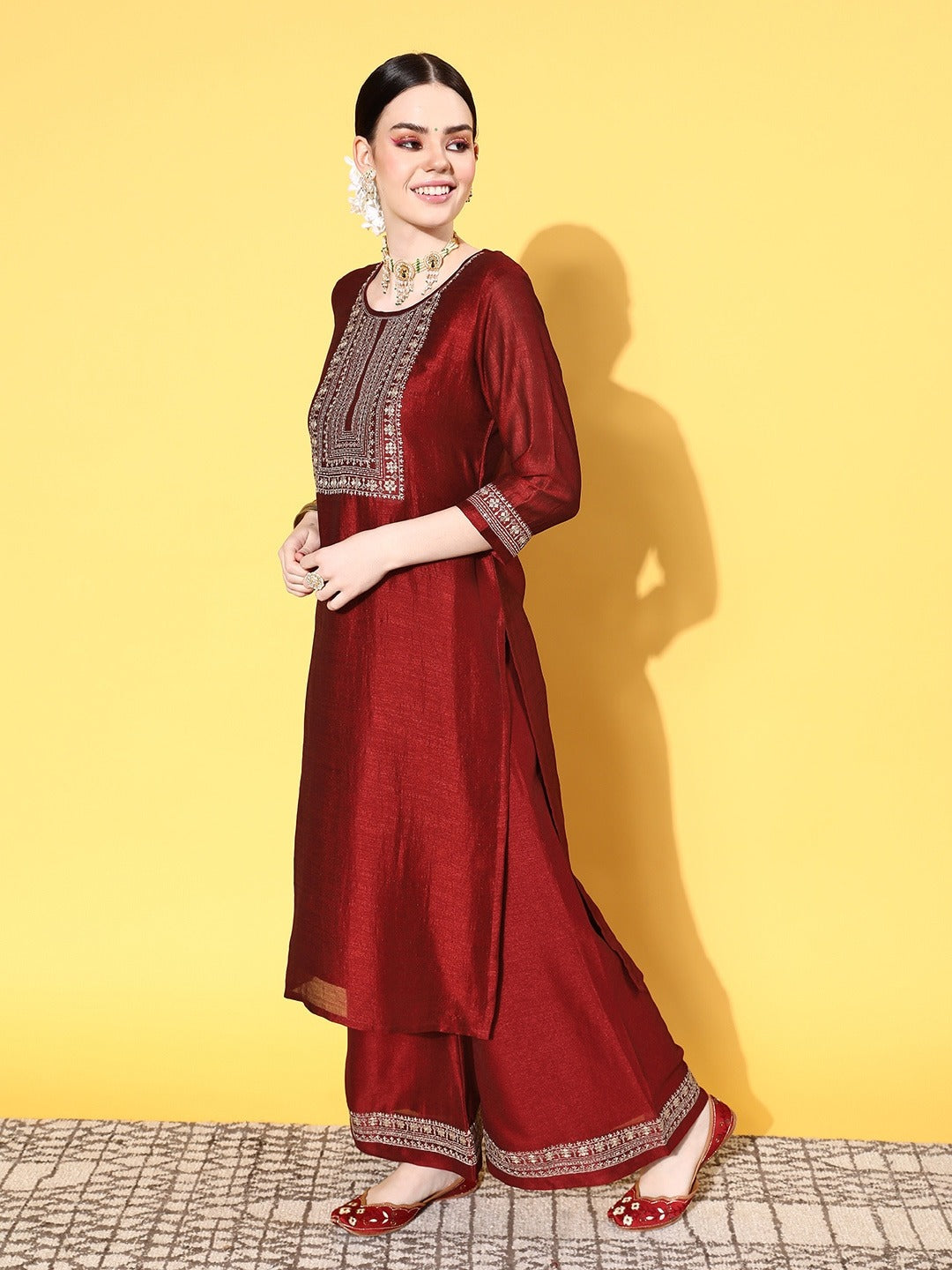 Women's Printed and Embroidered Pure Cotton Anarkali Kurta Pant Set with Dupatta