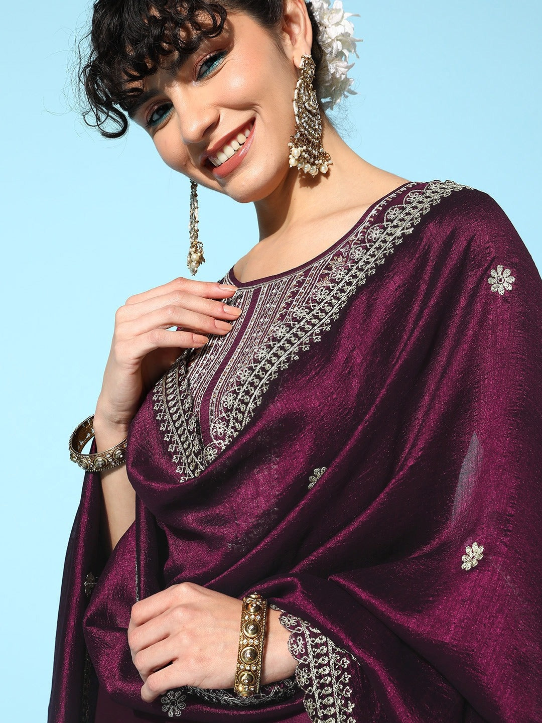 Women's Printed and Embroidered Pure Cotton Anarkali Kurta Pant Set with Dupatta
