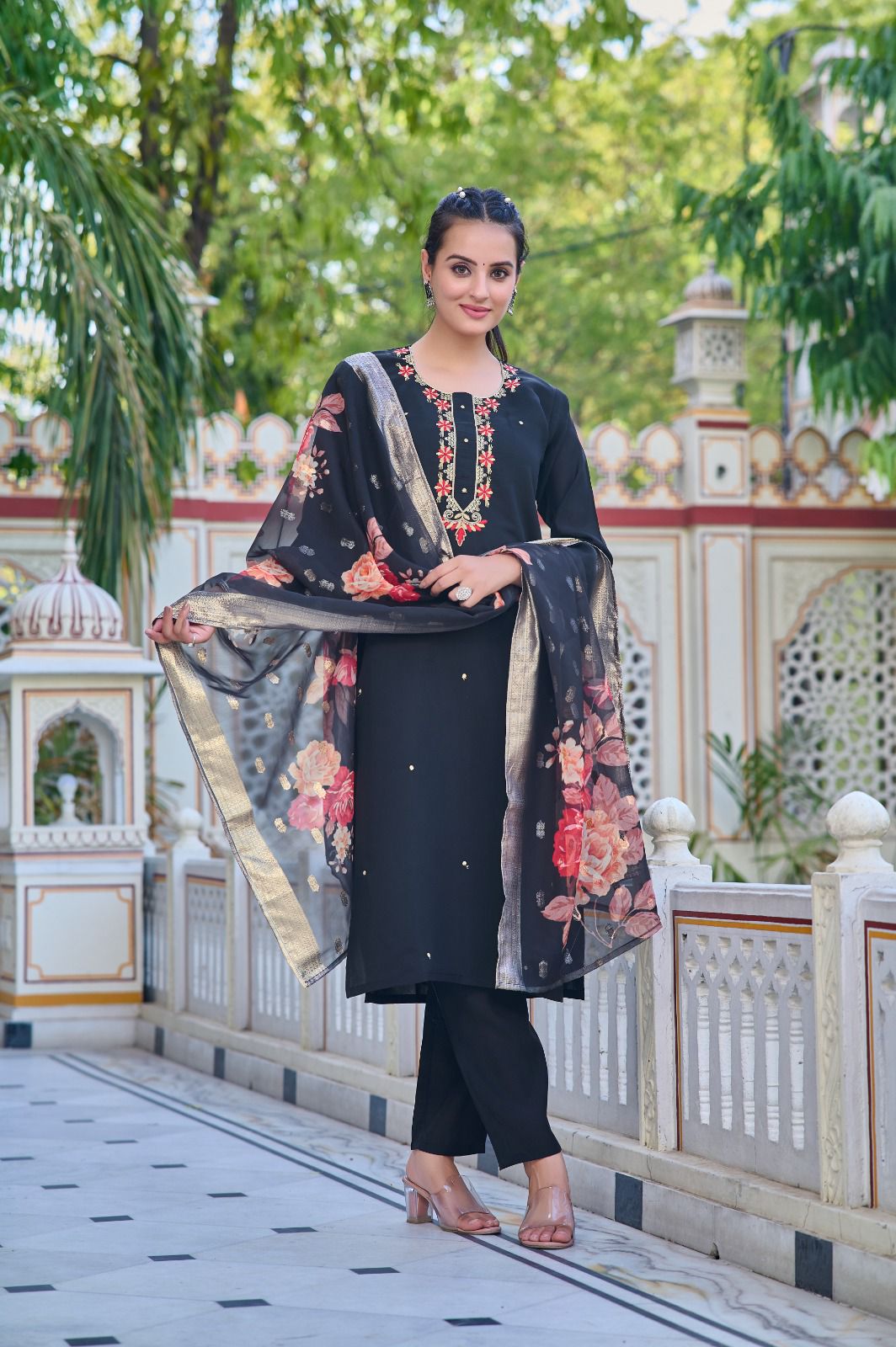 Women Chanderi Straight Kurta with Pants & Dupatta