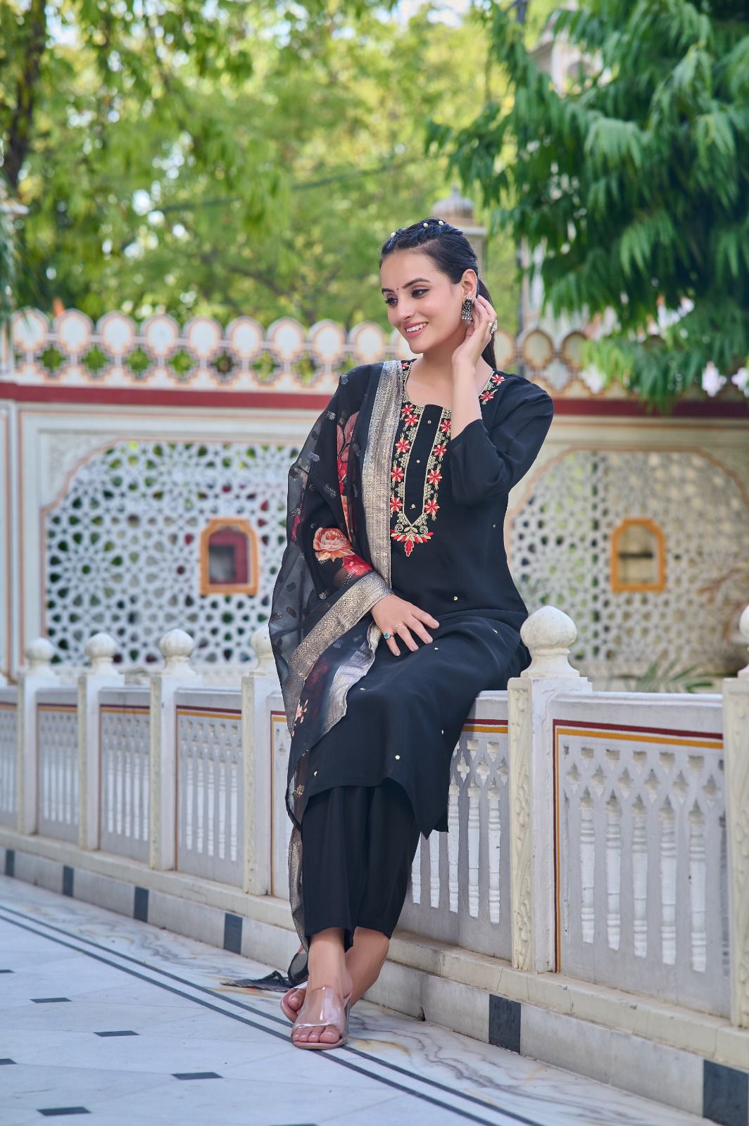 Women Chanderi Straight Kurta with Pants & Dupatta