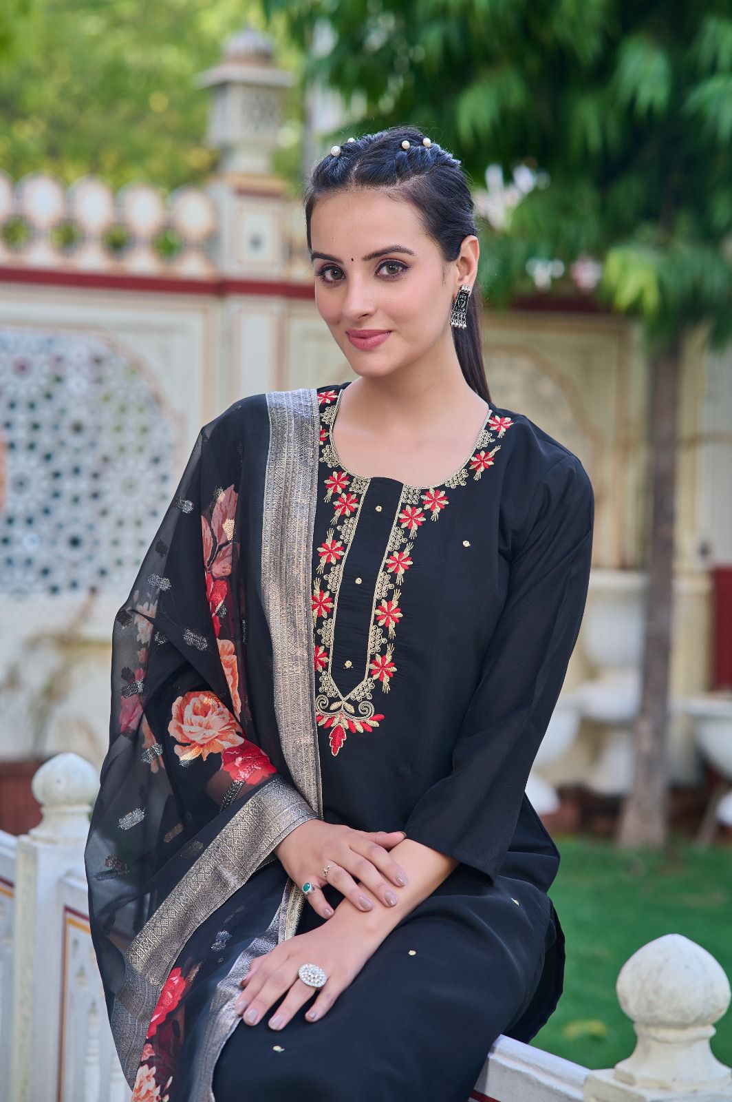 Women Chanderi Straight Kurta with Pants & Dupatta