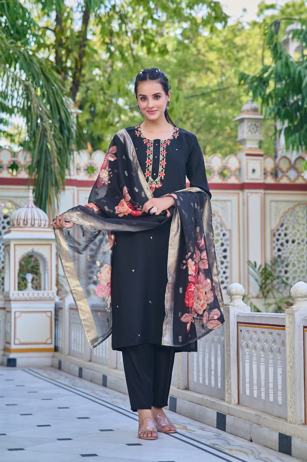 Women Chanderi Straight Kurta with Pants & Dupatta