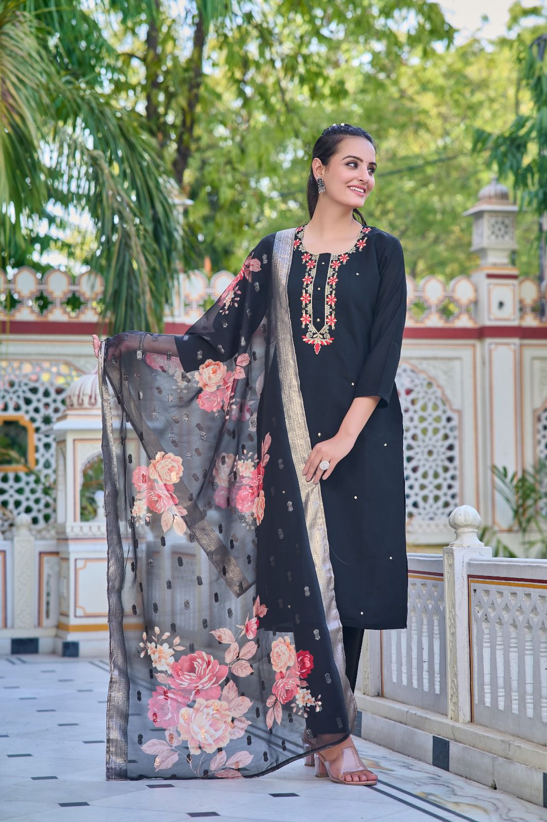 Women Chanderi Straight Kurta with Pants & Dupatta