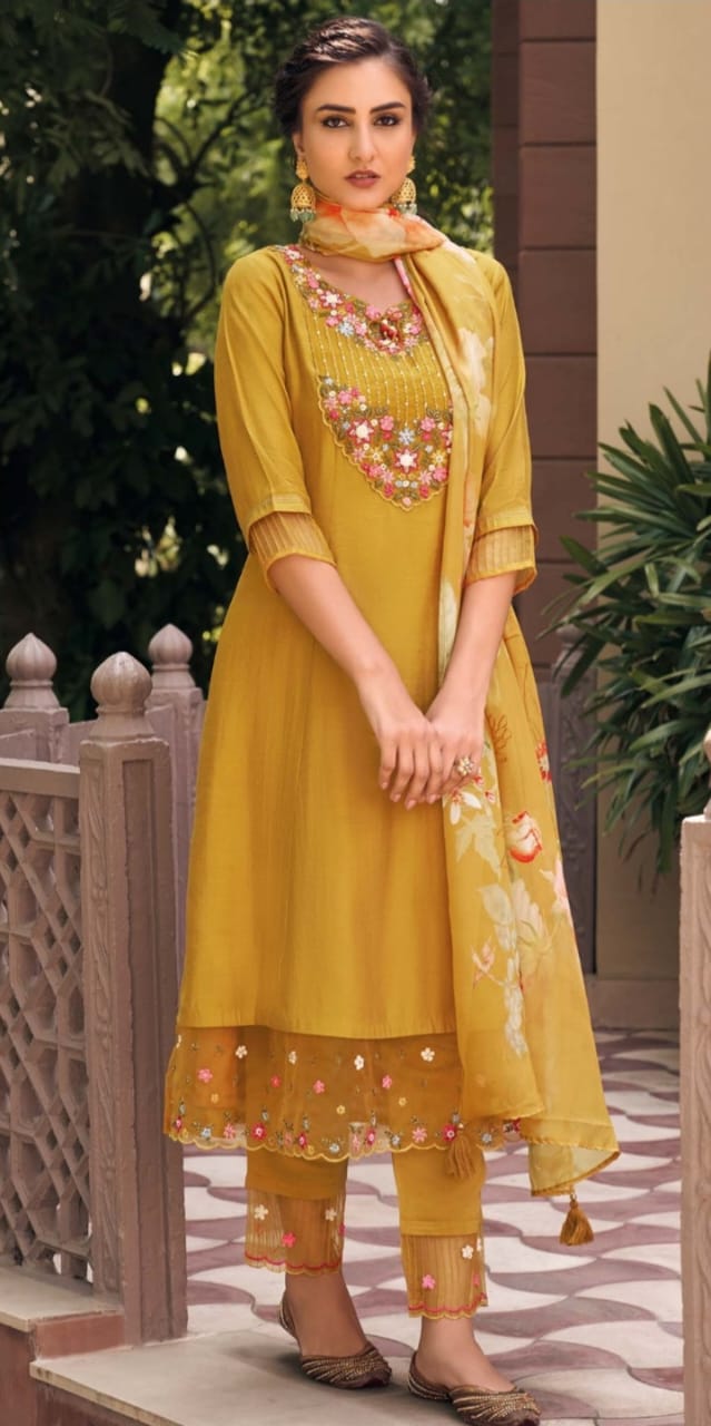 Women Embroidered Straight Kurta & Pants with Dupatta Set