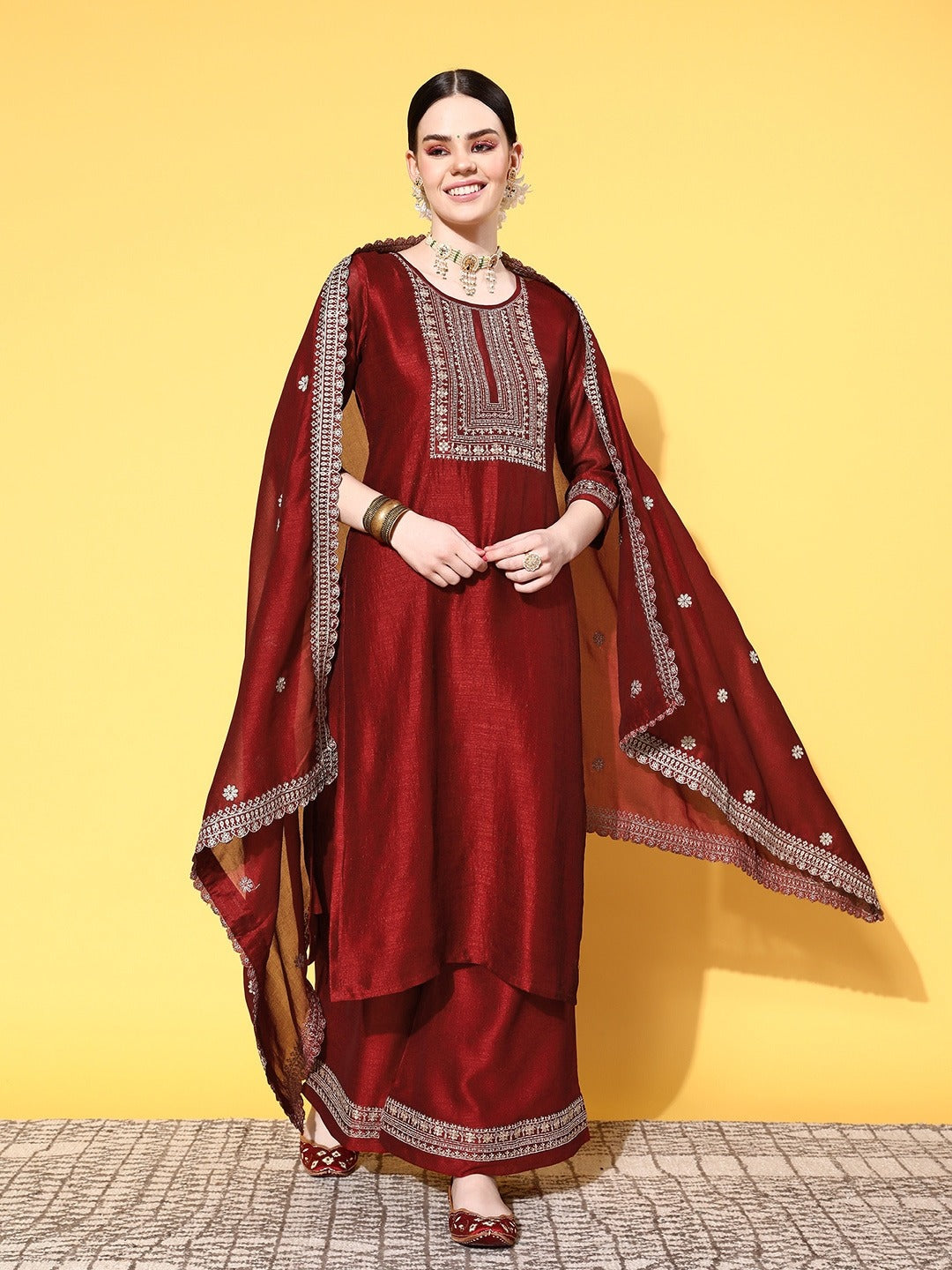 Women's Printed and Embroidered Pure Cotton Anarkali Kurta Pant Set with Dupatta