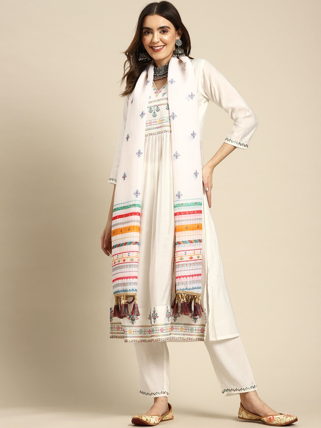 Women Embroidered Flared Kurta with Pants & Dupatta