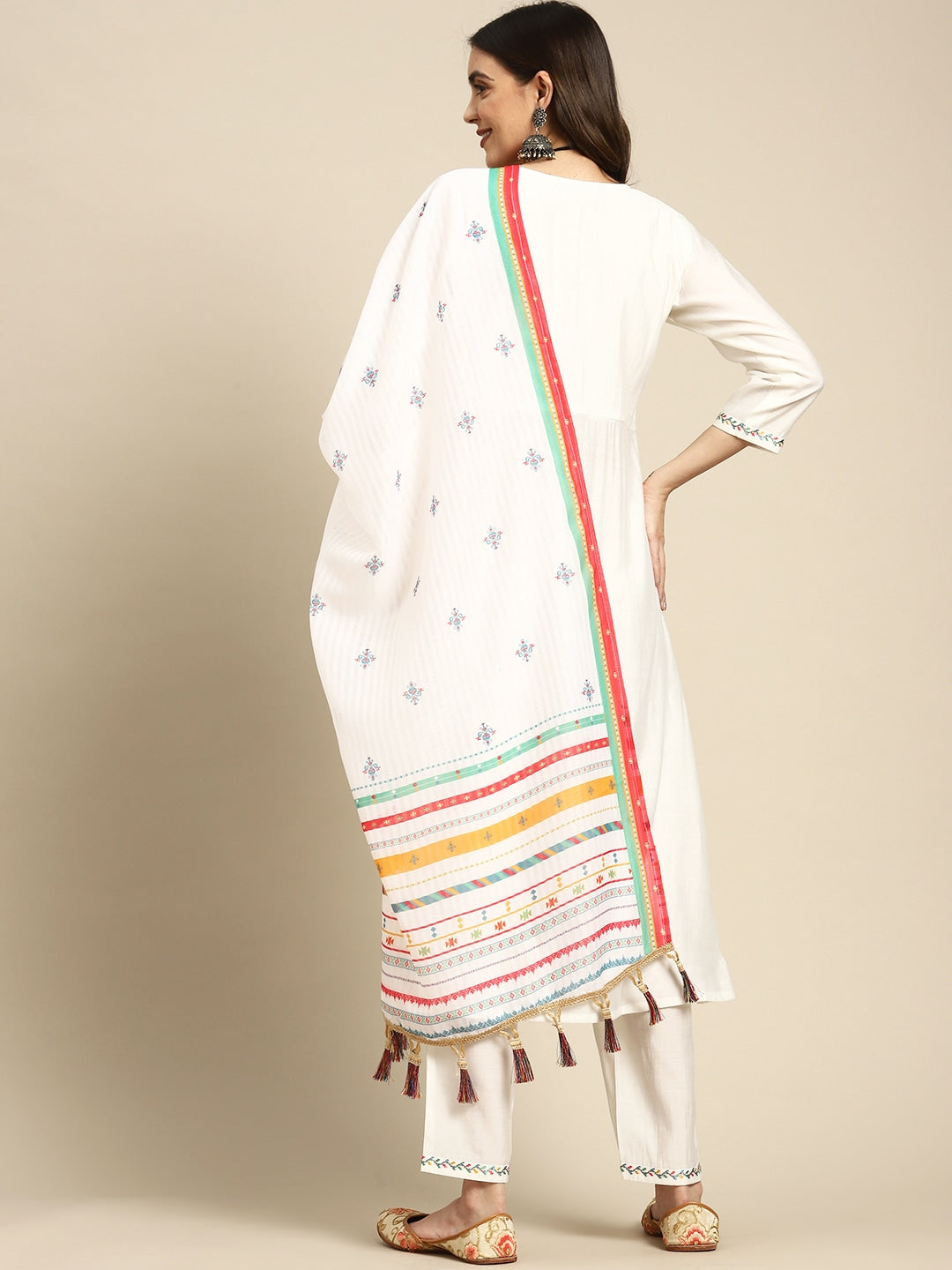 Women Embroidered Flared Kurta with Pants & Dupatta