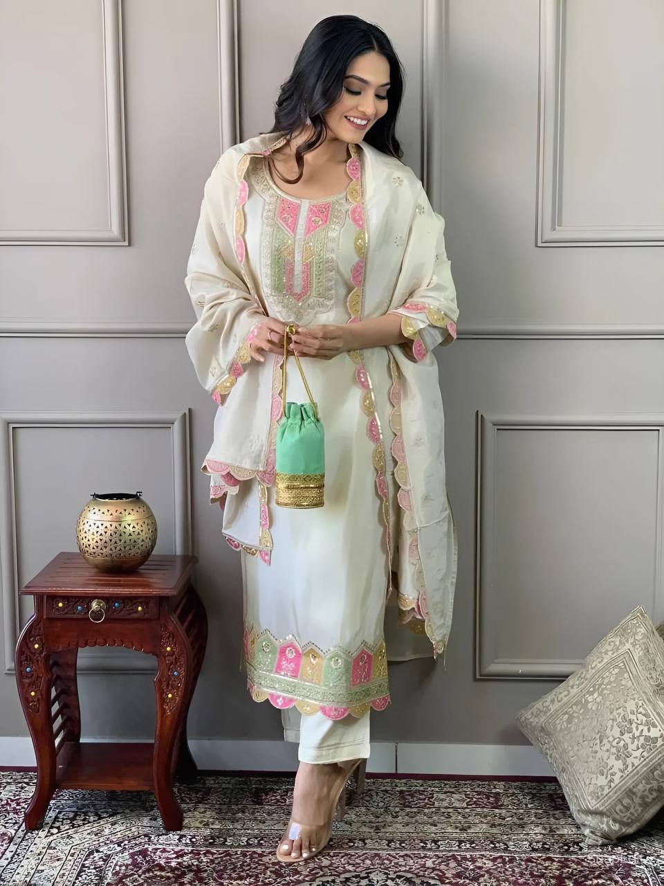 Women Embroidered PURE Vicose Chanderi kurta set