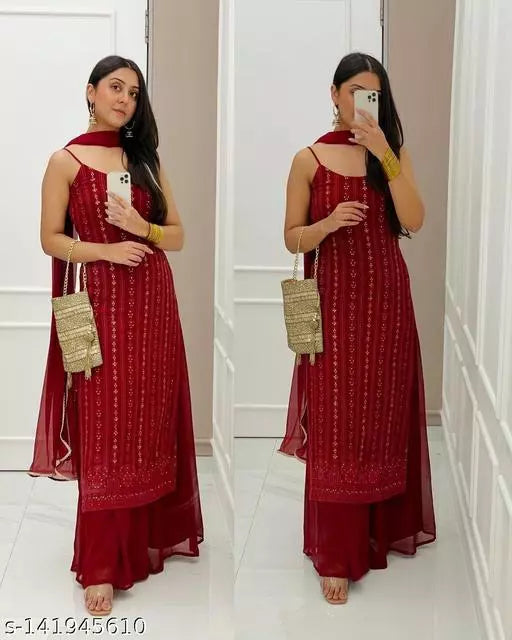 Women Lace Straight Kurta & Sharara with Dupatta Set