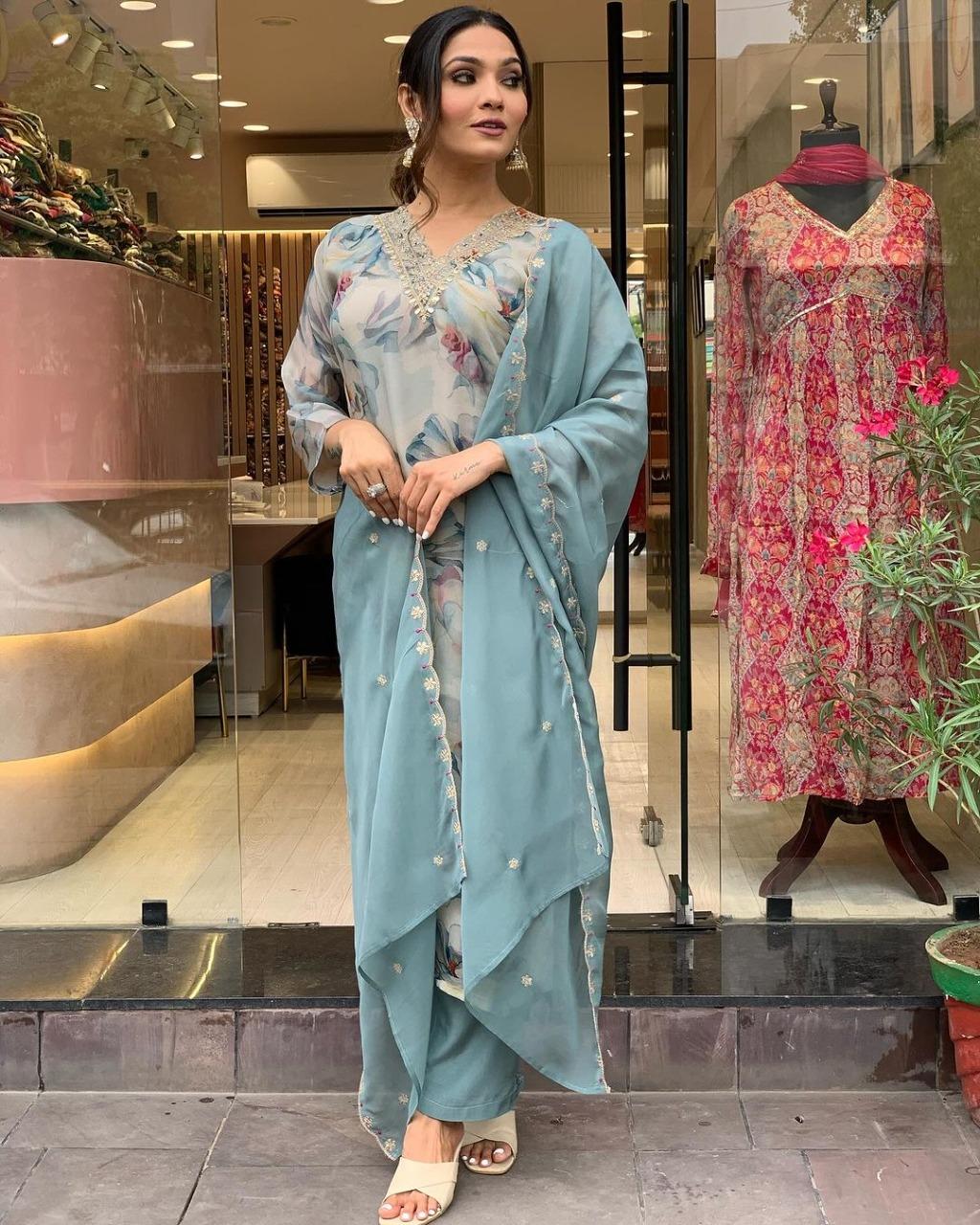 Women Embroidered Straight Kurta Pants Dupatta Set