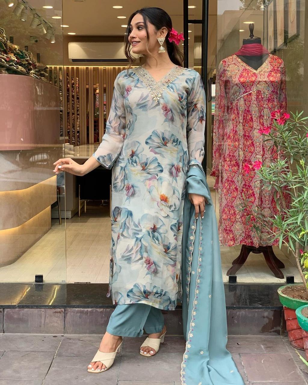Women Embroidered Straight Kurta Pants Dupatta Set