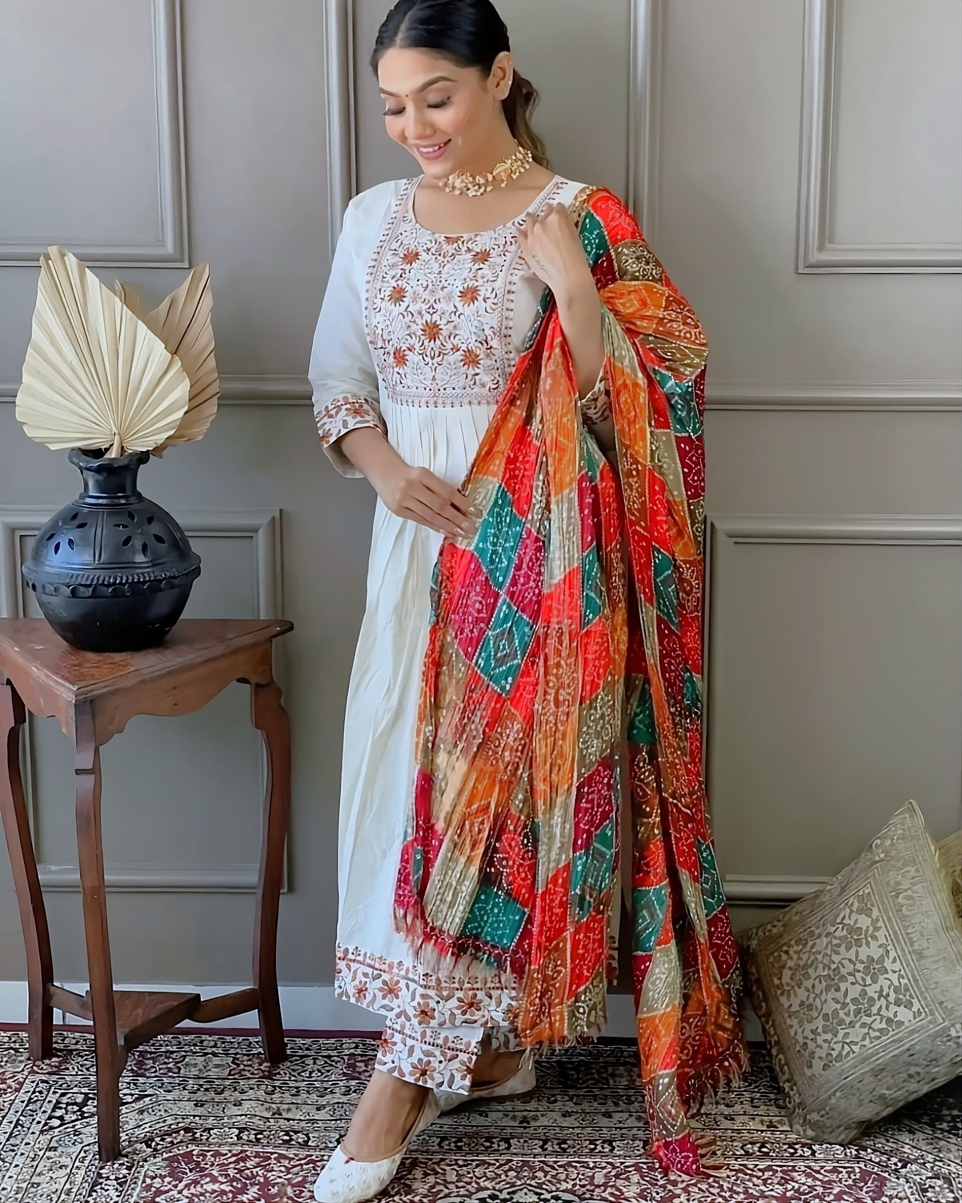 Women Embroidered Flared Kurta Set with Dupatta