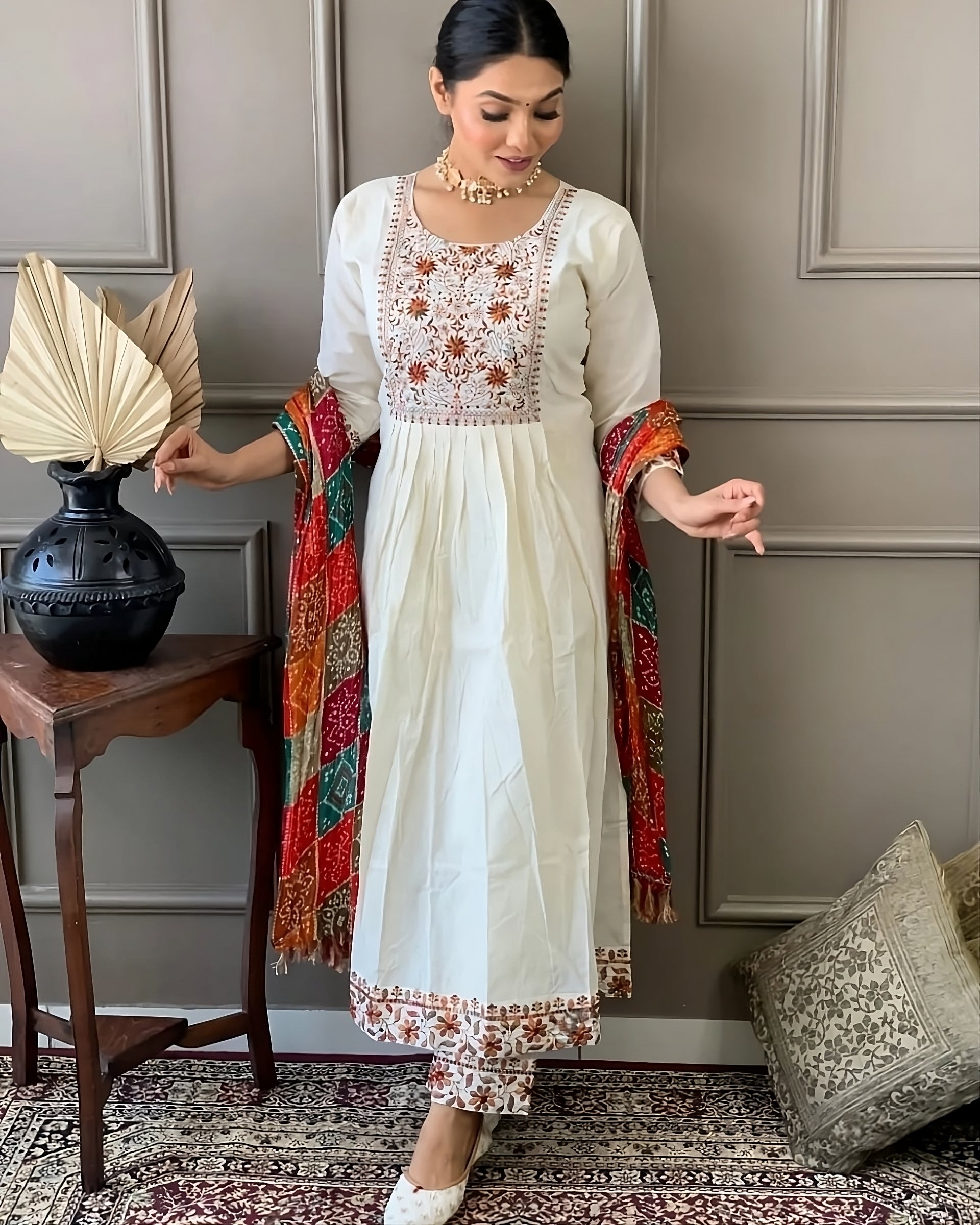 Women Embroidered Flared Kurta Set with Dupatta